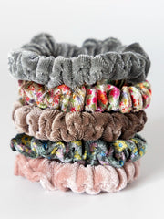 Velvet Scrunchies, Set of 5 - Light Grey