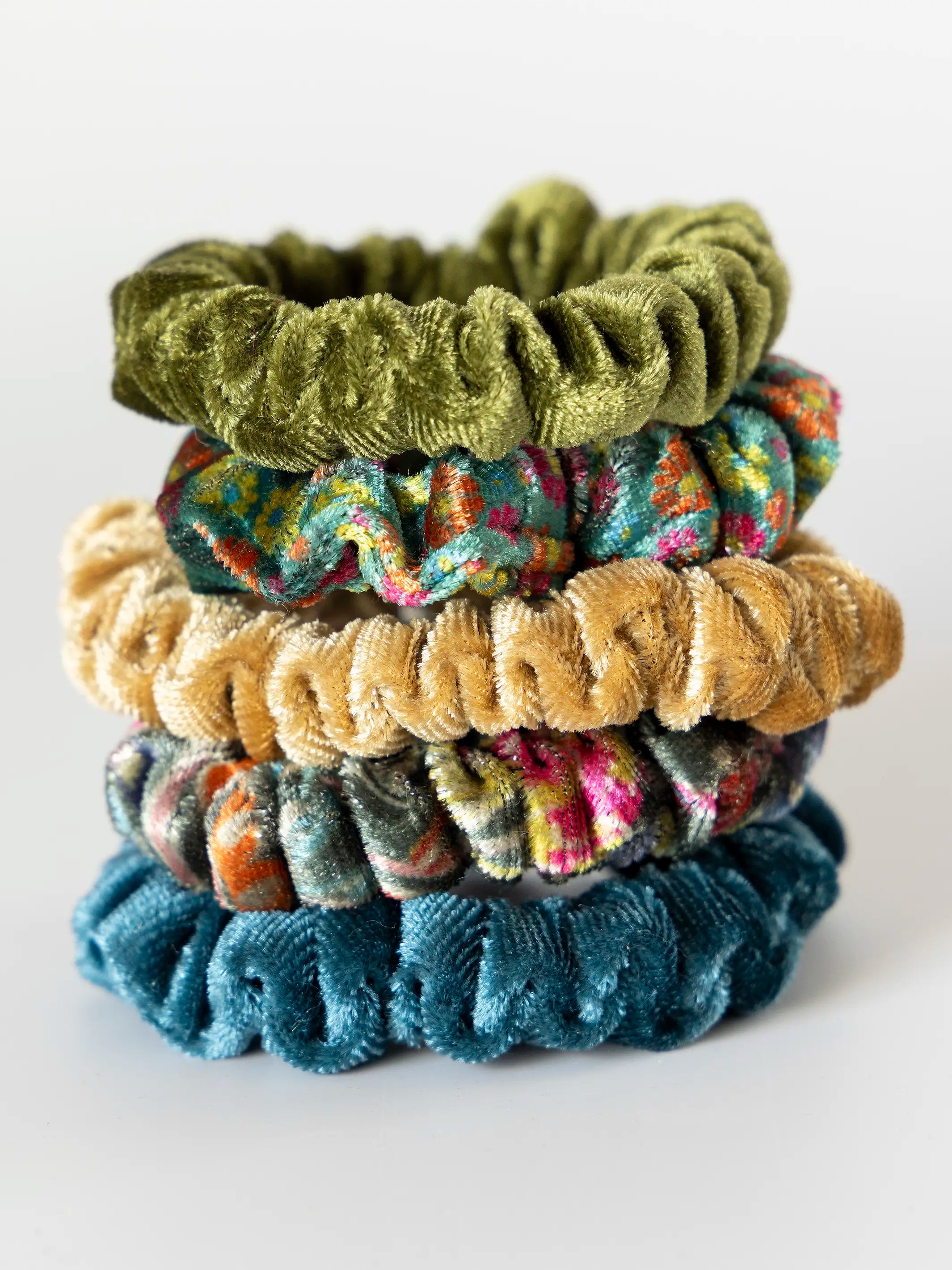 Velvet Scrunchies, Set of 5 - Olive