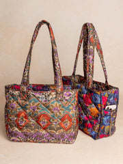 Reversible Puffy Tote Bag - Medium Brown Tuscany Border
