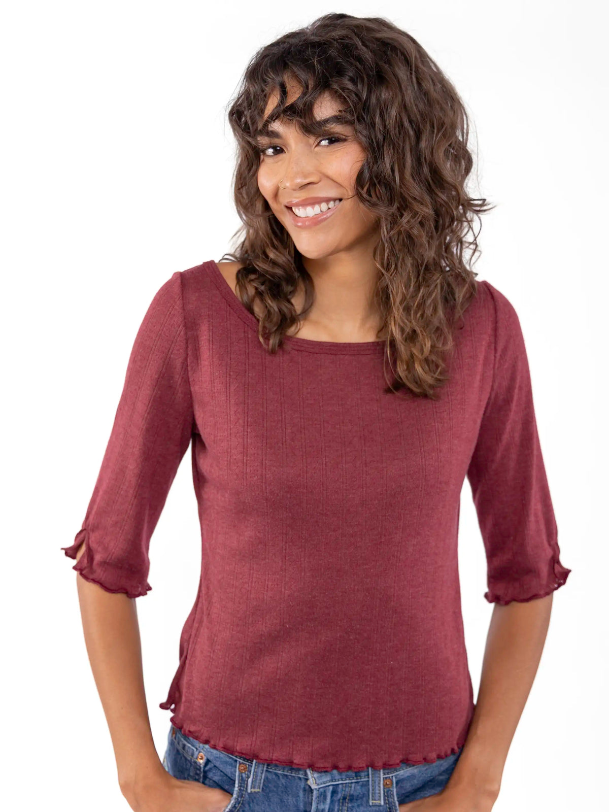 Leah Pointelle Top - Cranberry