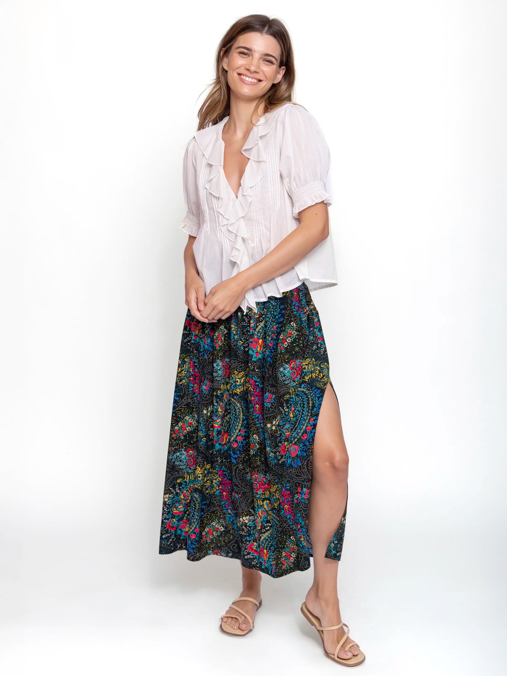 Addie Midi Skirt - Black Stippled Paisley