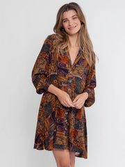 Ansley Woven Tunic Shirt Dress - Brown Paisley Patchwork