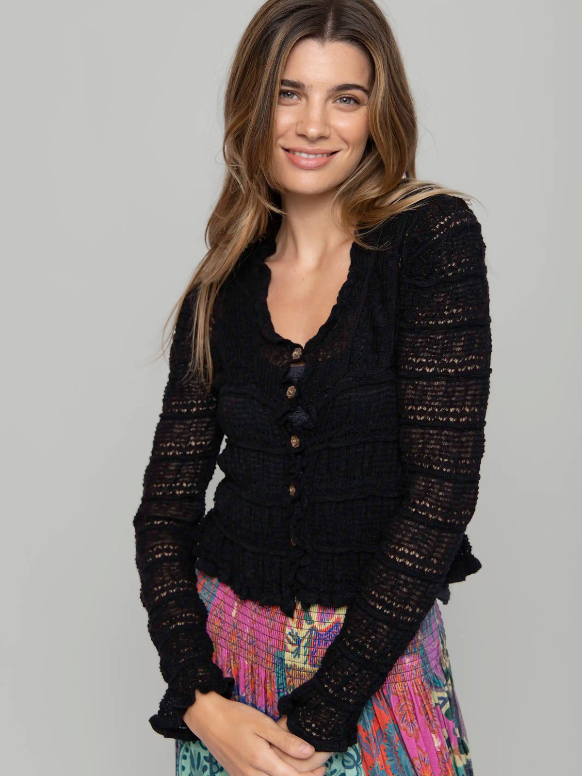 Juliet Ruffle Sweater Top - Black