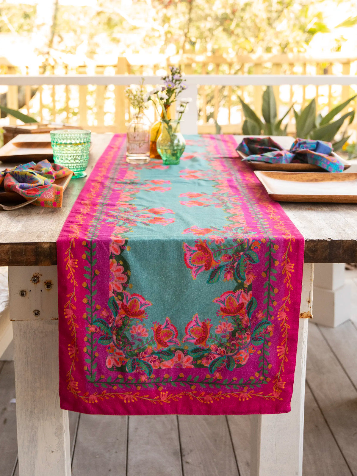Double-Sided Bohemian Bungalow Table Runner - Teal Borders