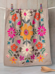 Cotton Dish Towel - Taupe Folk Flower