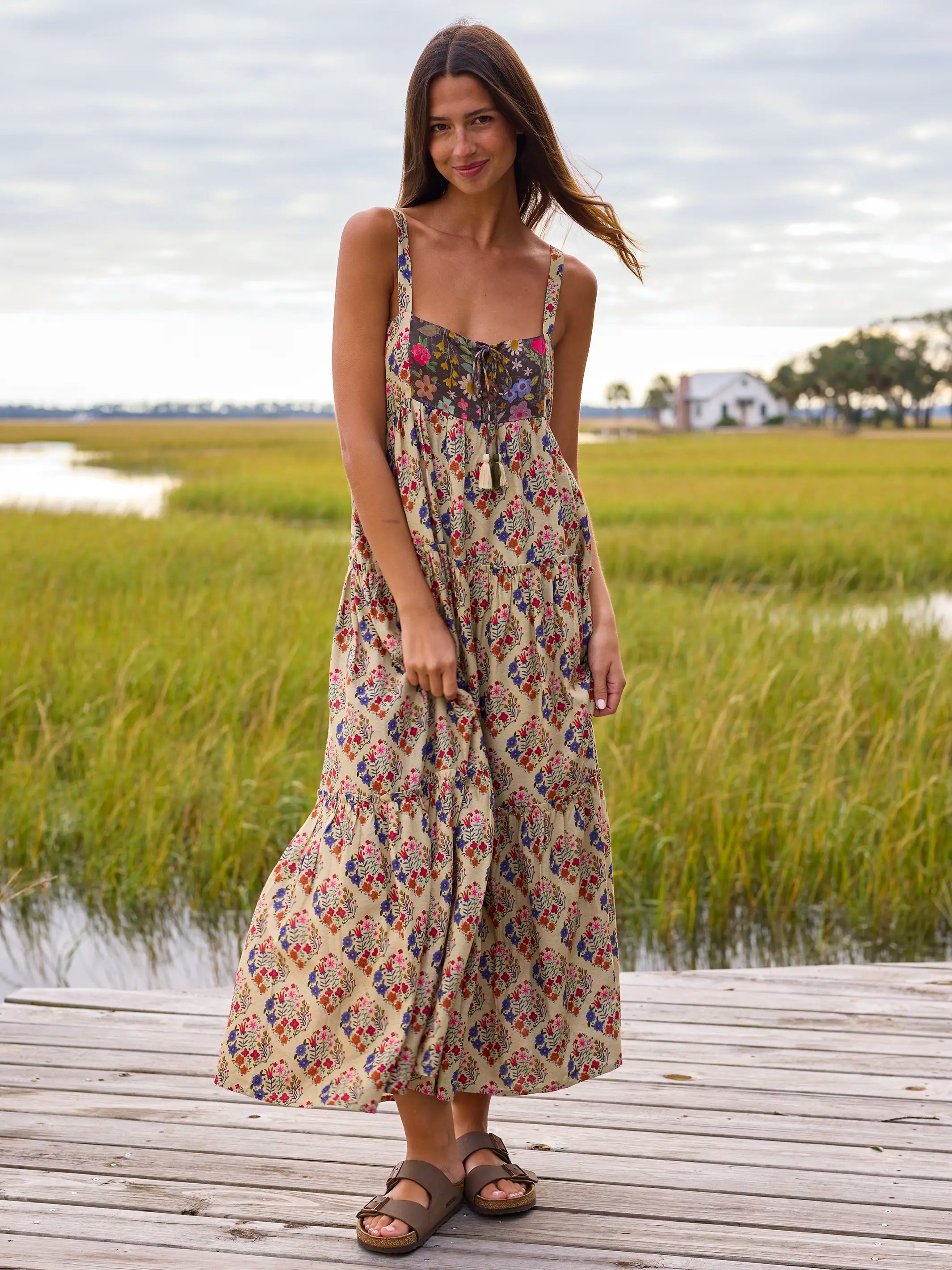 Cami Tie-Front Maxi Dress - Ditsy Diamonds Cream