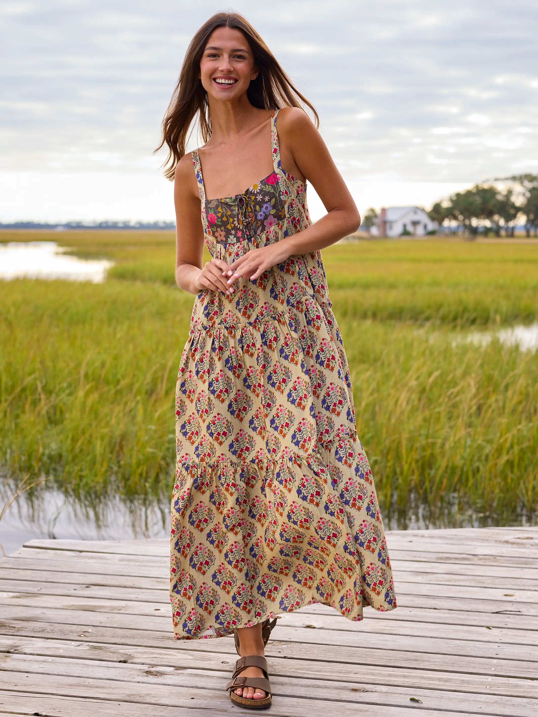 Cami Tie-Front Maxi Dress - Ditsy Diamonds Cream