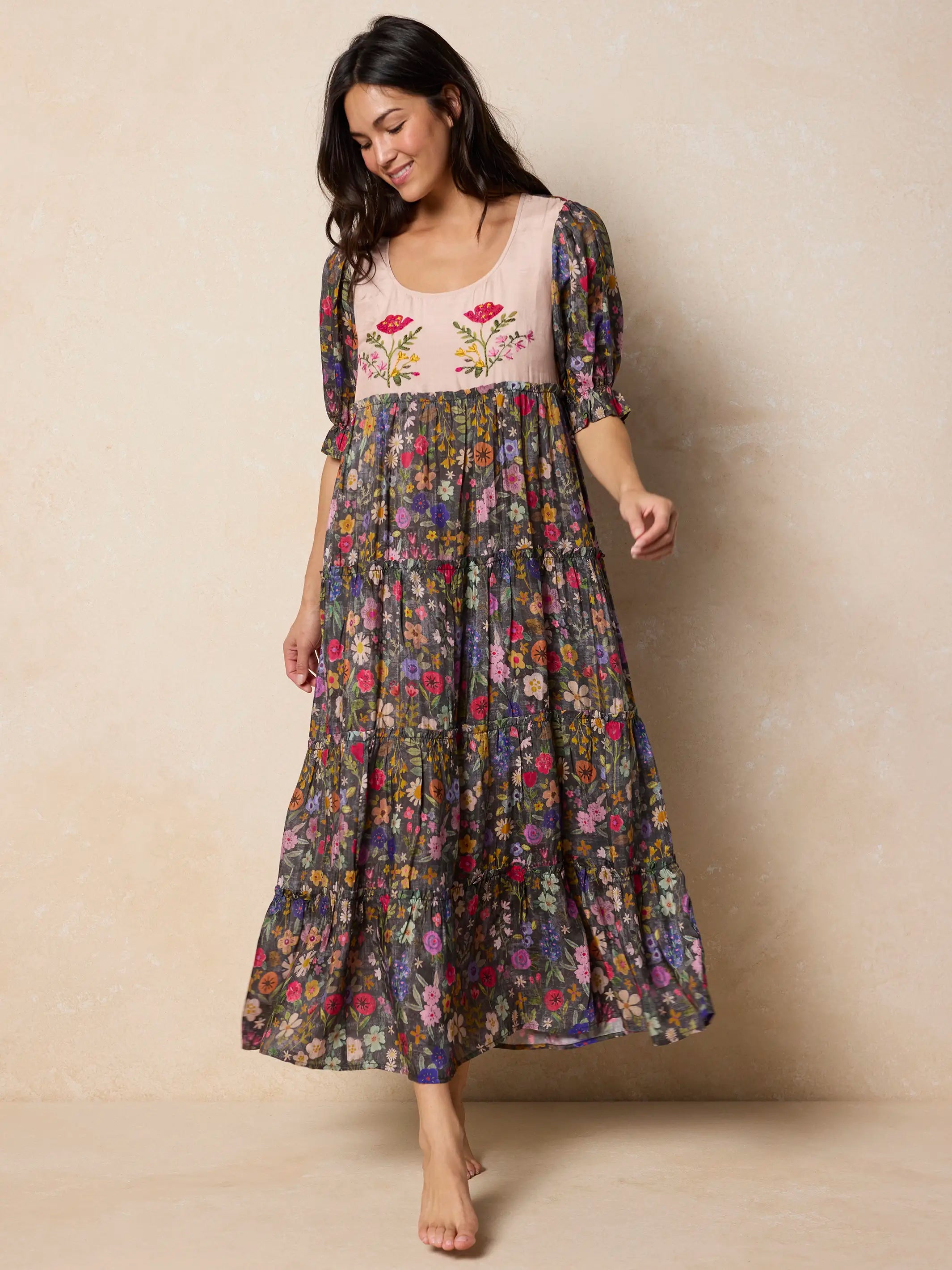 Collette Embroidered Maxi Dress - Flung Floral Wildflowers
