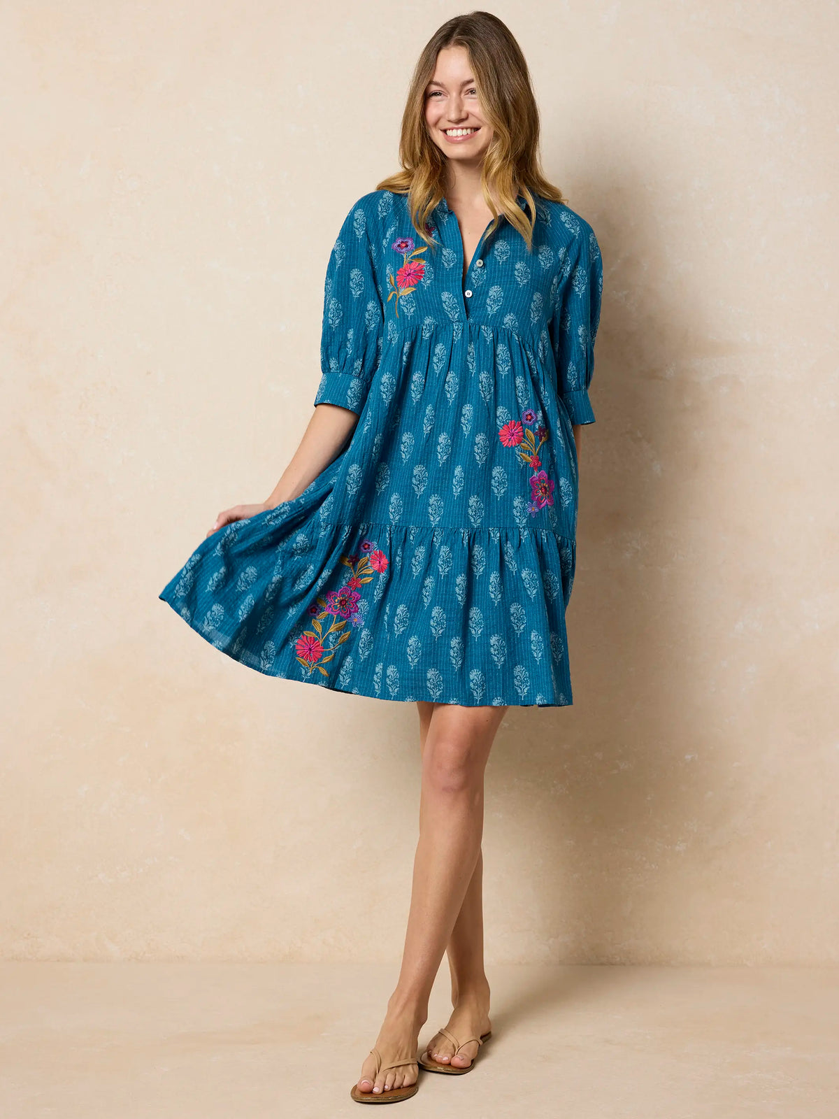Becca Embroidered Mini Dress - Block Stamp Indigo