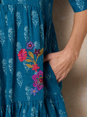 Becca Embroidered Mini Dress - Block Stamp Indigo