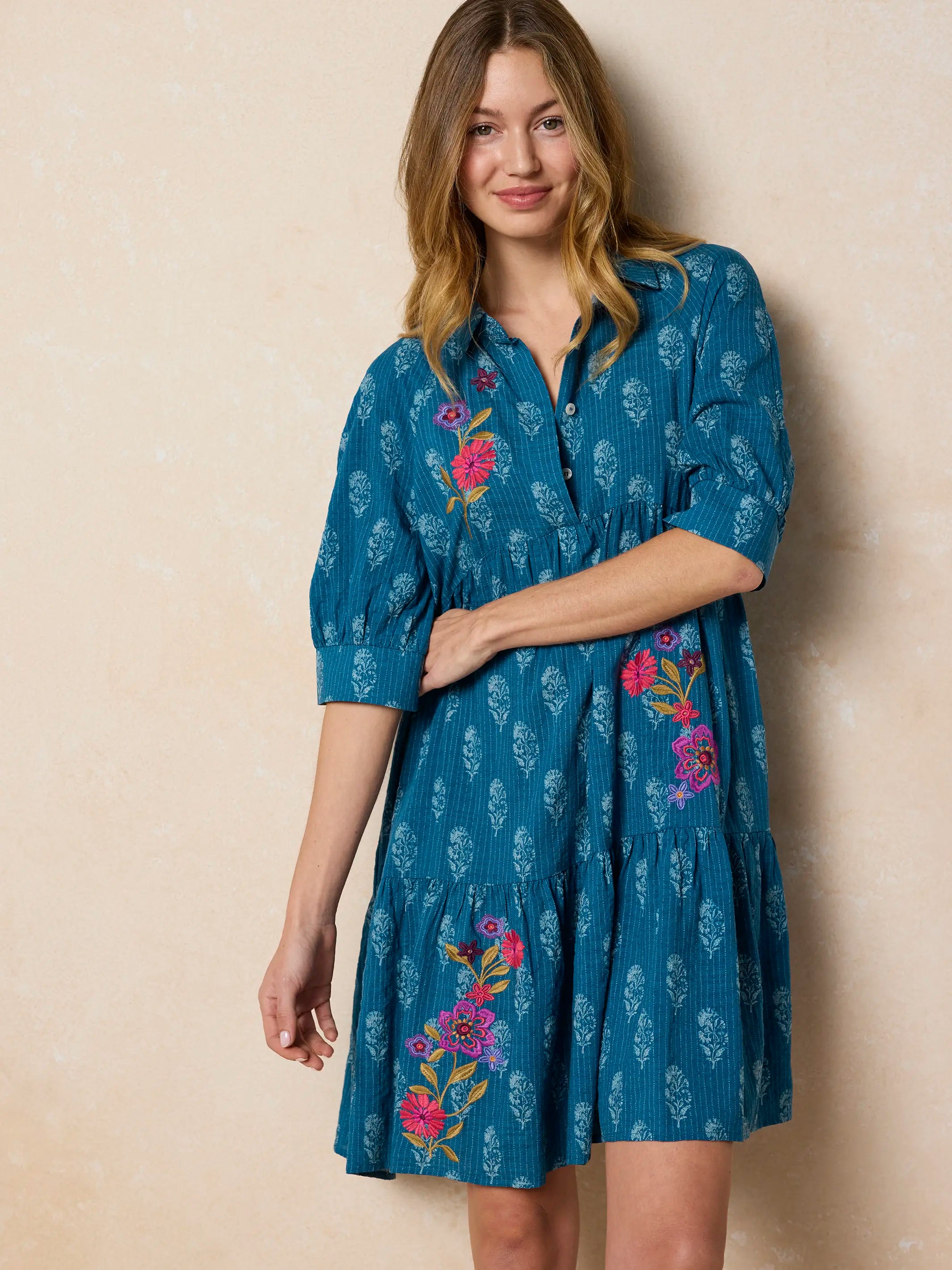 Becca Embroidered Mini Dress - Block Stamp Indigo