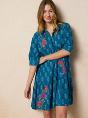 Becca Embroidered Mini Dress - Block Stamp Indigo