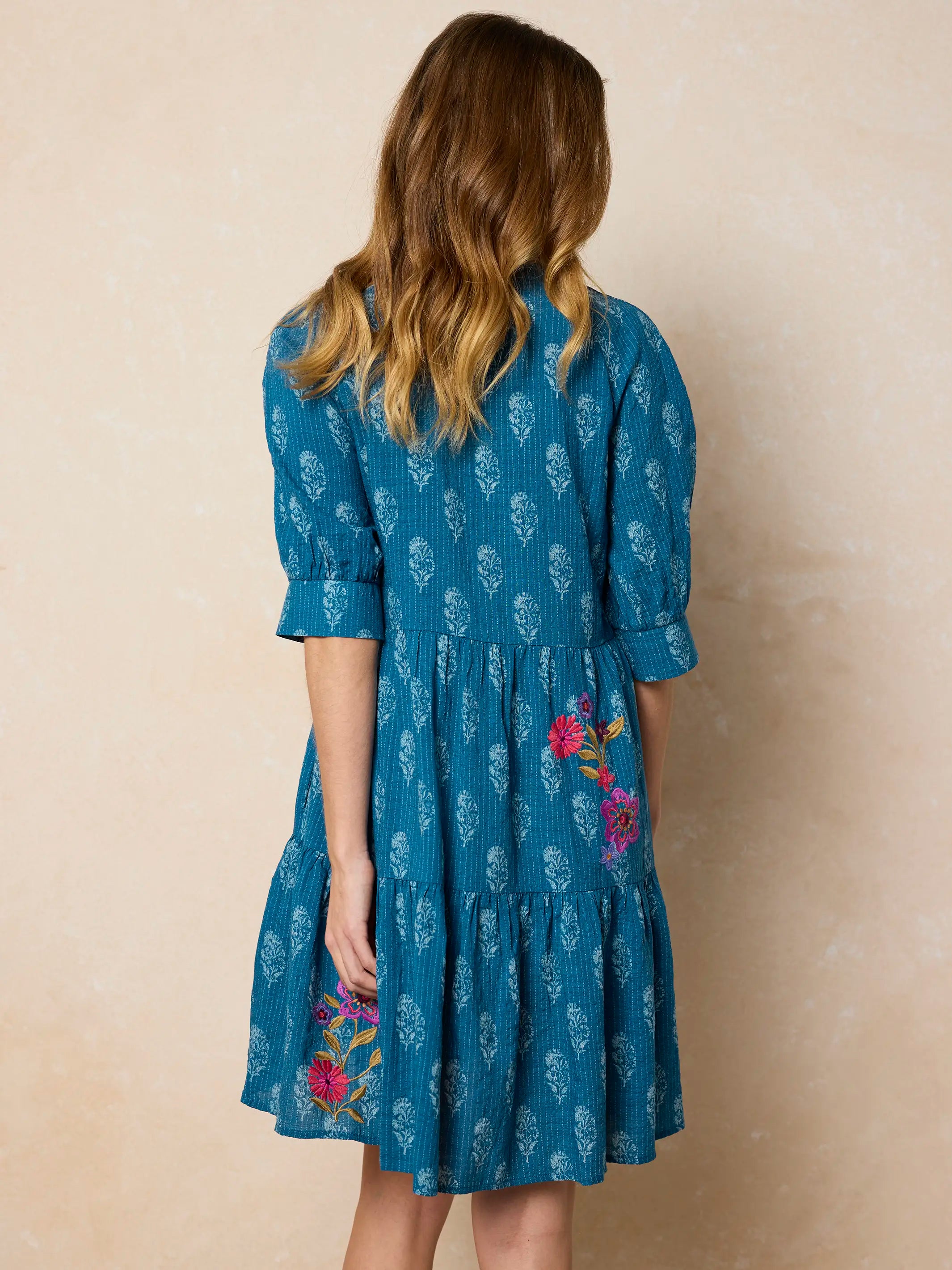 Becca Embroidered Mini Dress - Block Stamp Indigo