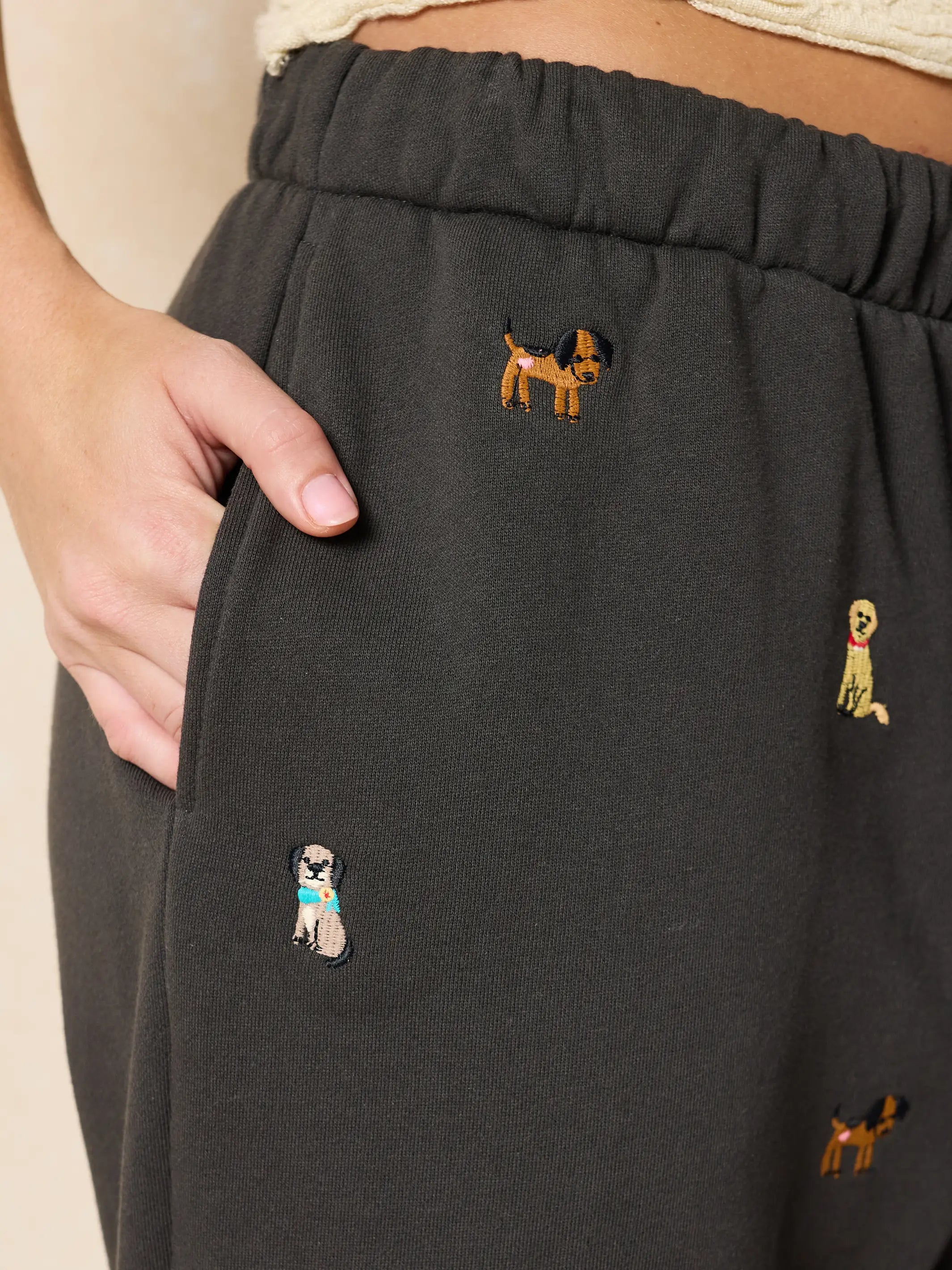Fave Little Things Embroidered Jogger Pants - Charcoal Dogs