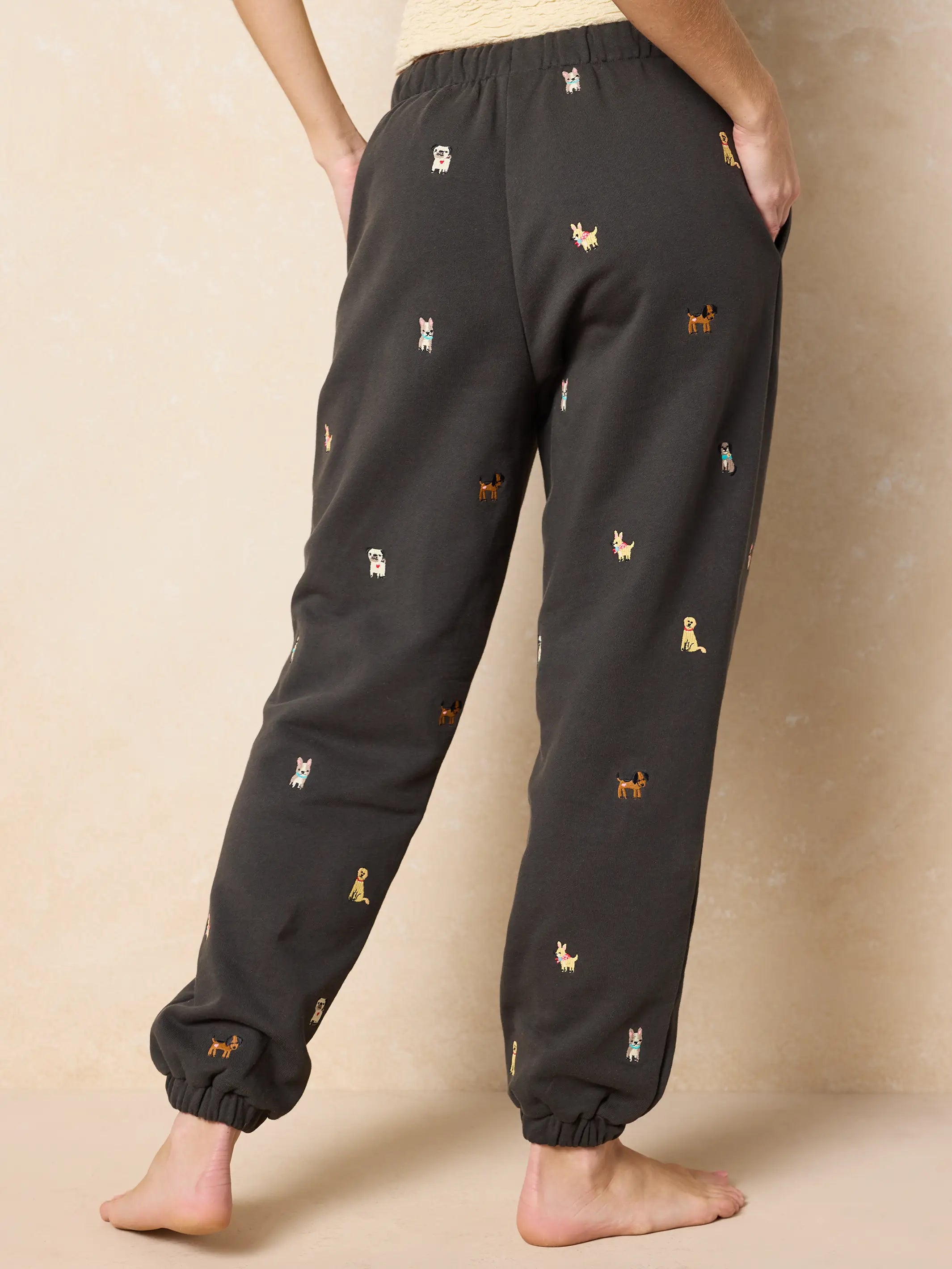 Fave Little Things Embroidered Jogger Pants - Charcoal Dogs