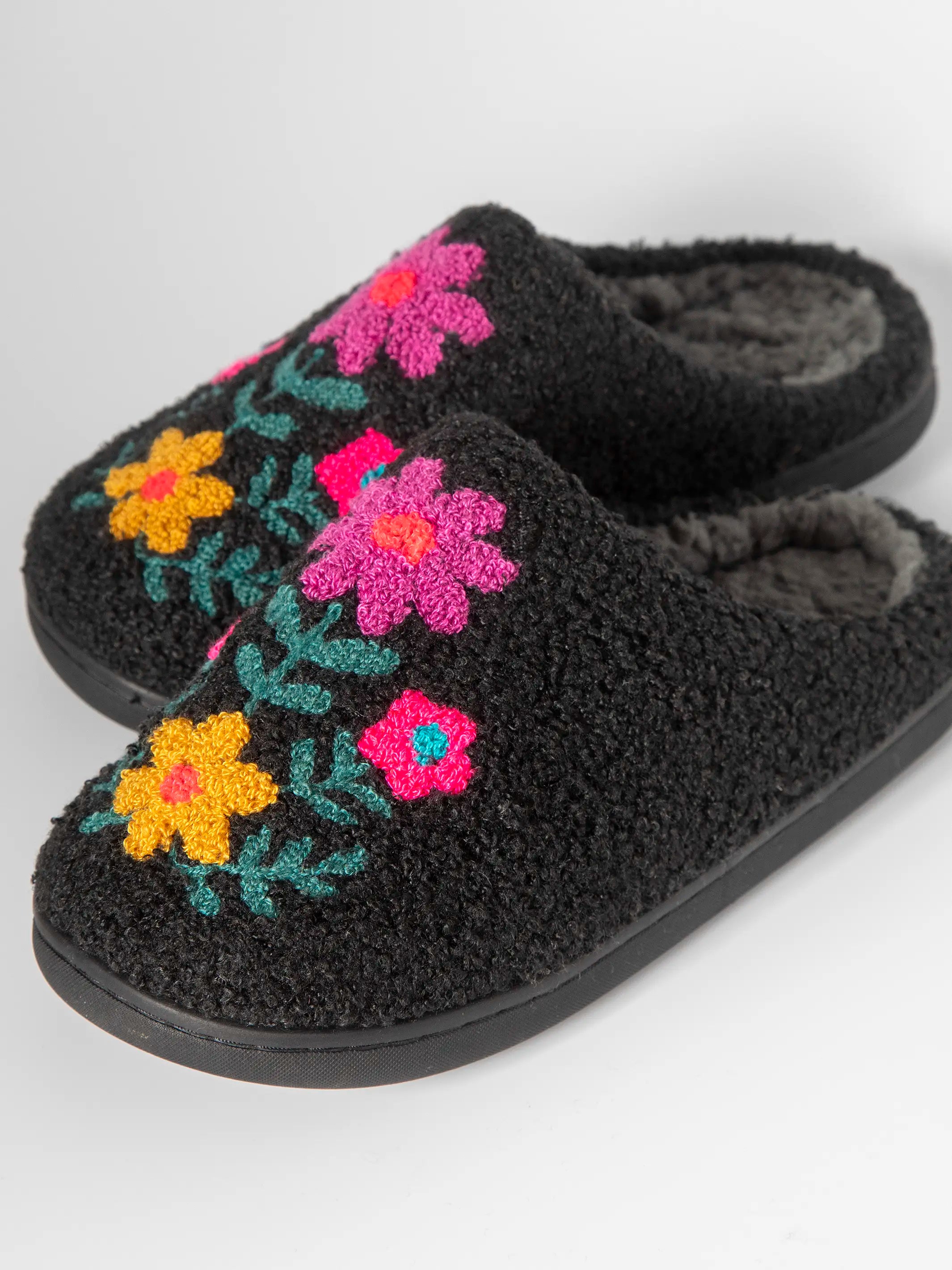 Icon Sherpa Slippers - Black Pink Folk Flower