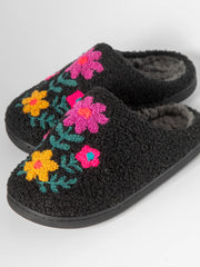 Icon Sherpa Slippers - Black Pink Folk Flower