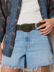 Suede Leather Medallion Belt - Brown