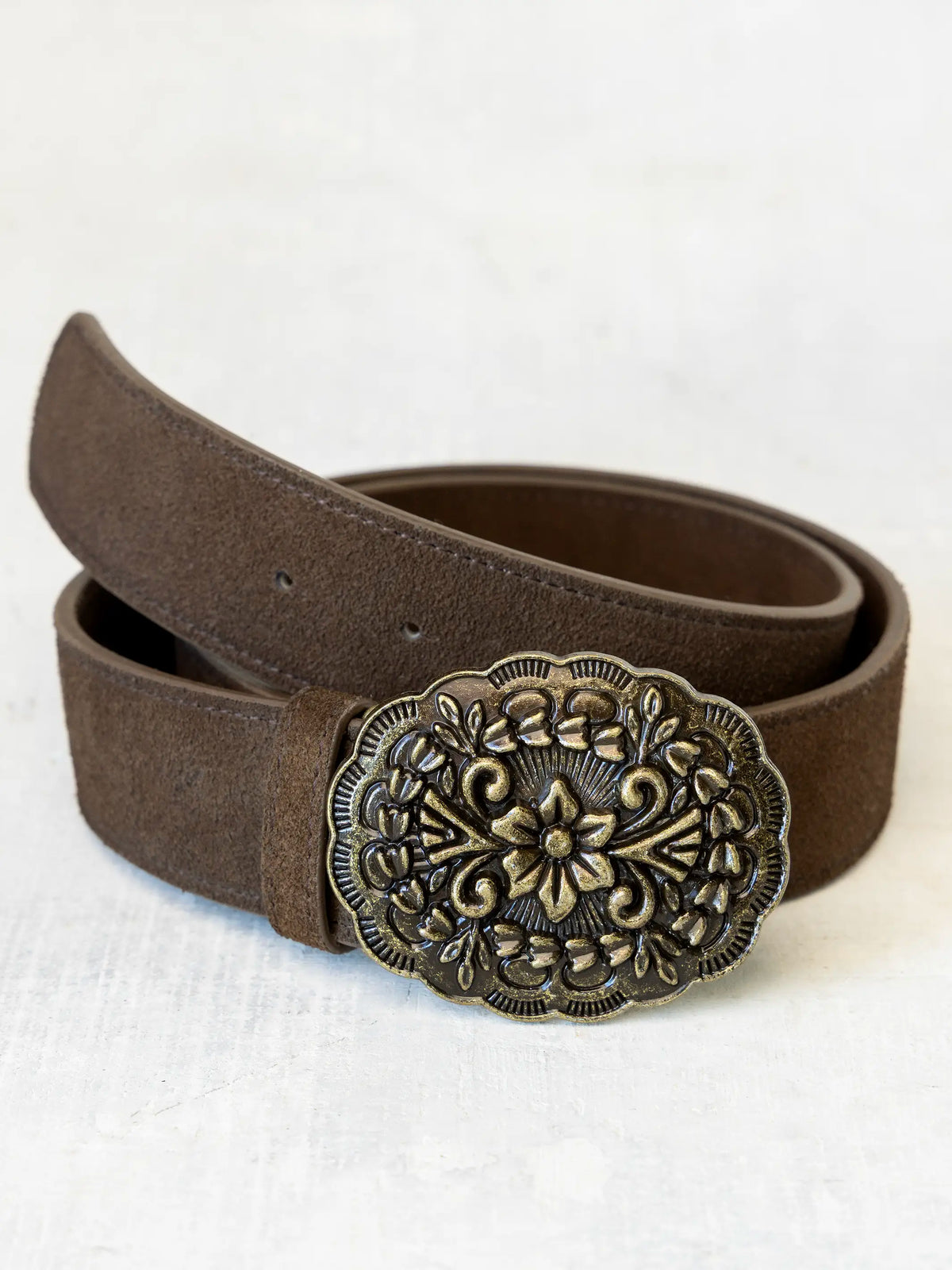 Suede Leather Medallion Belt - Brown