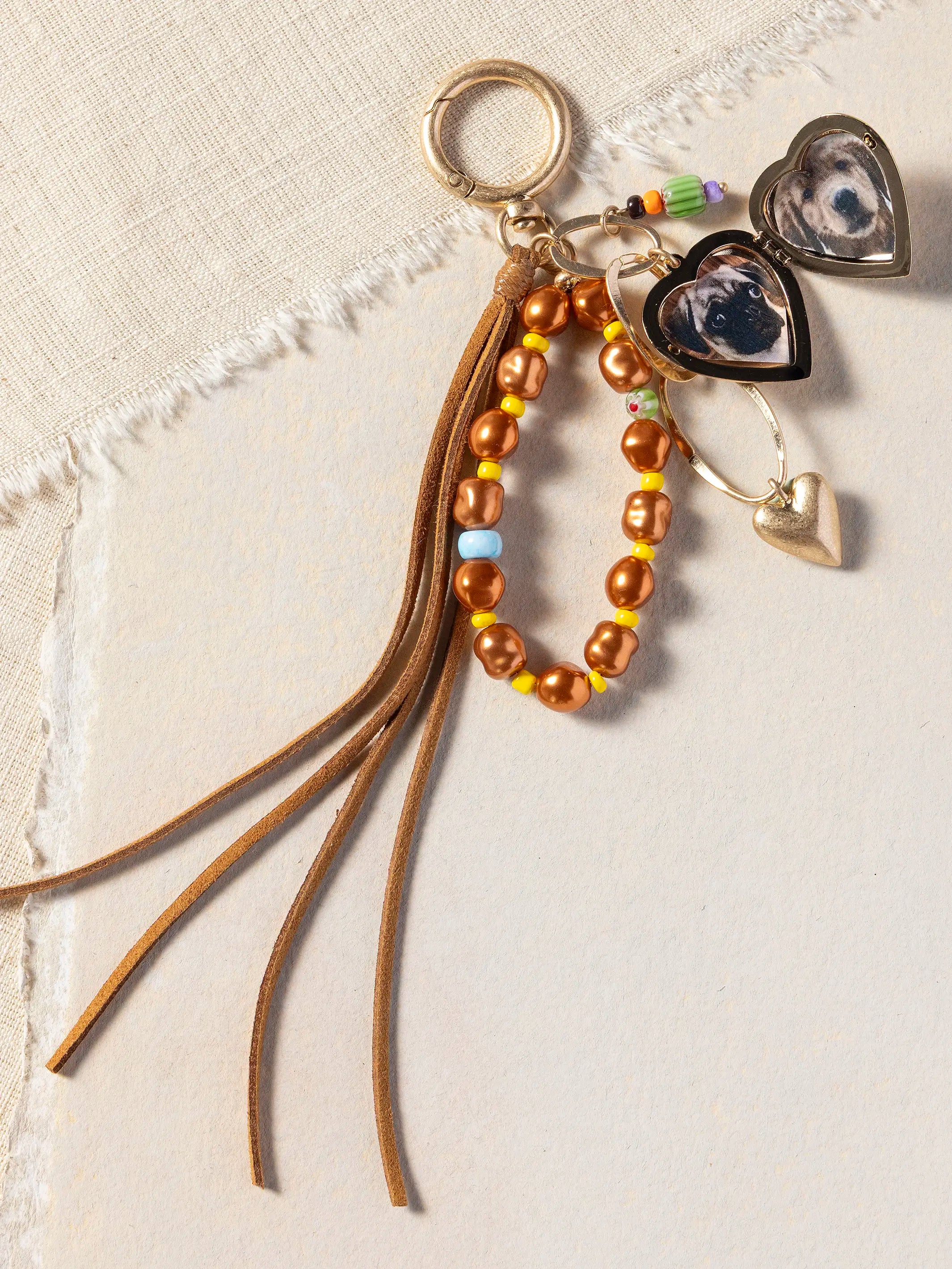 Beaded Keychain Bag Charm - Leather Heart