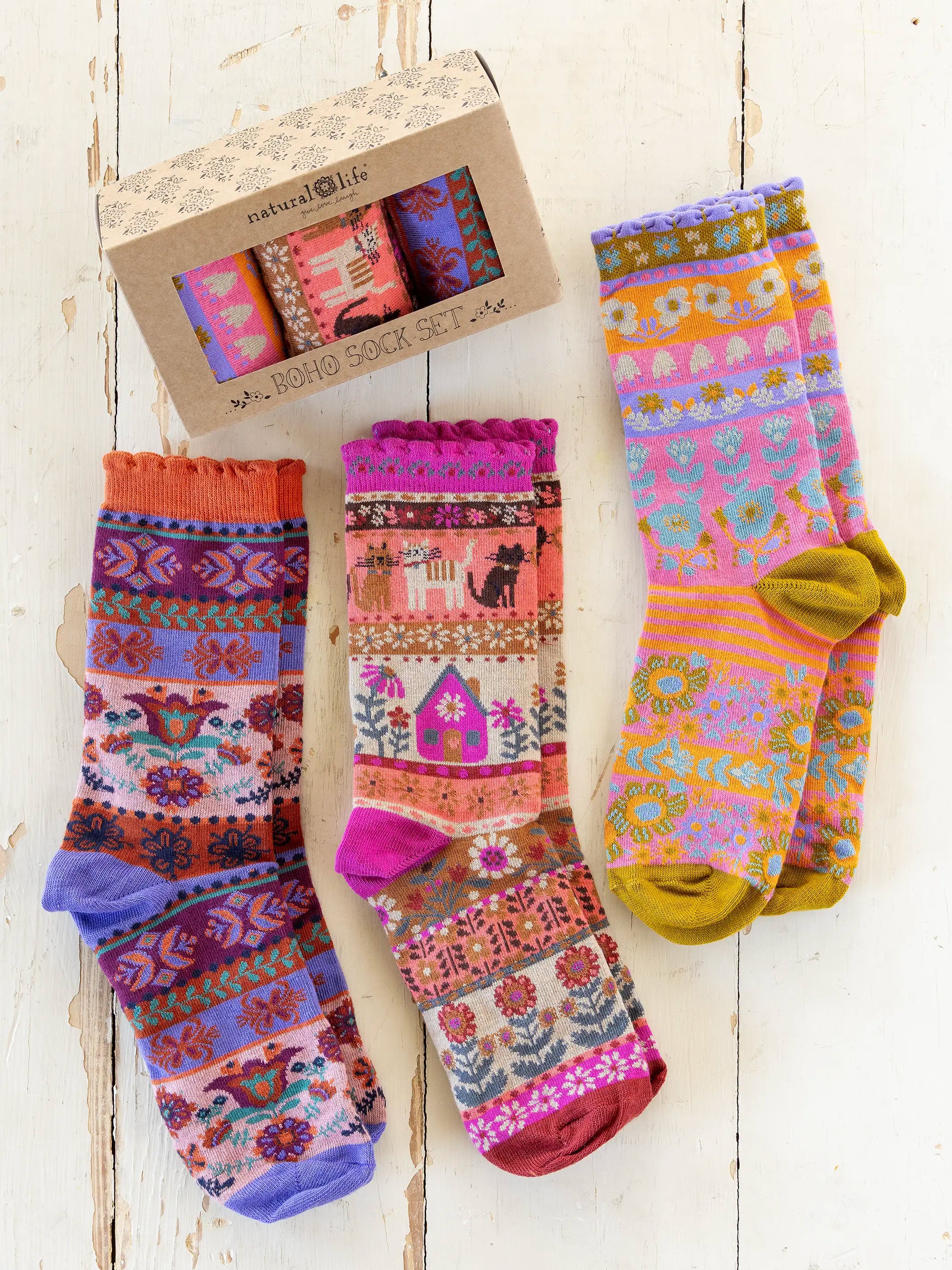 Boxed Boho Sock Set, Set of 3 - Cat