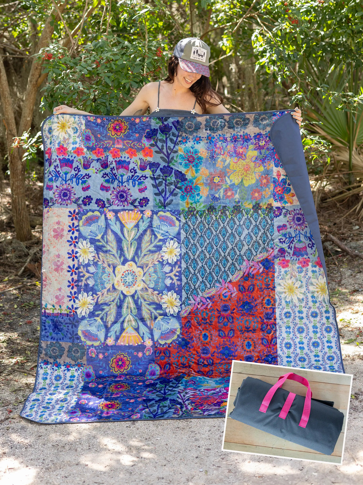 XL Water Resistant Picnic Blanket - Blue Patchwork