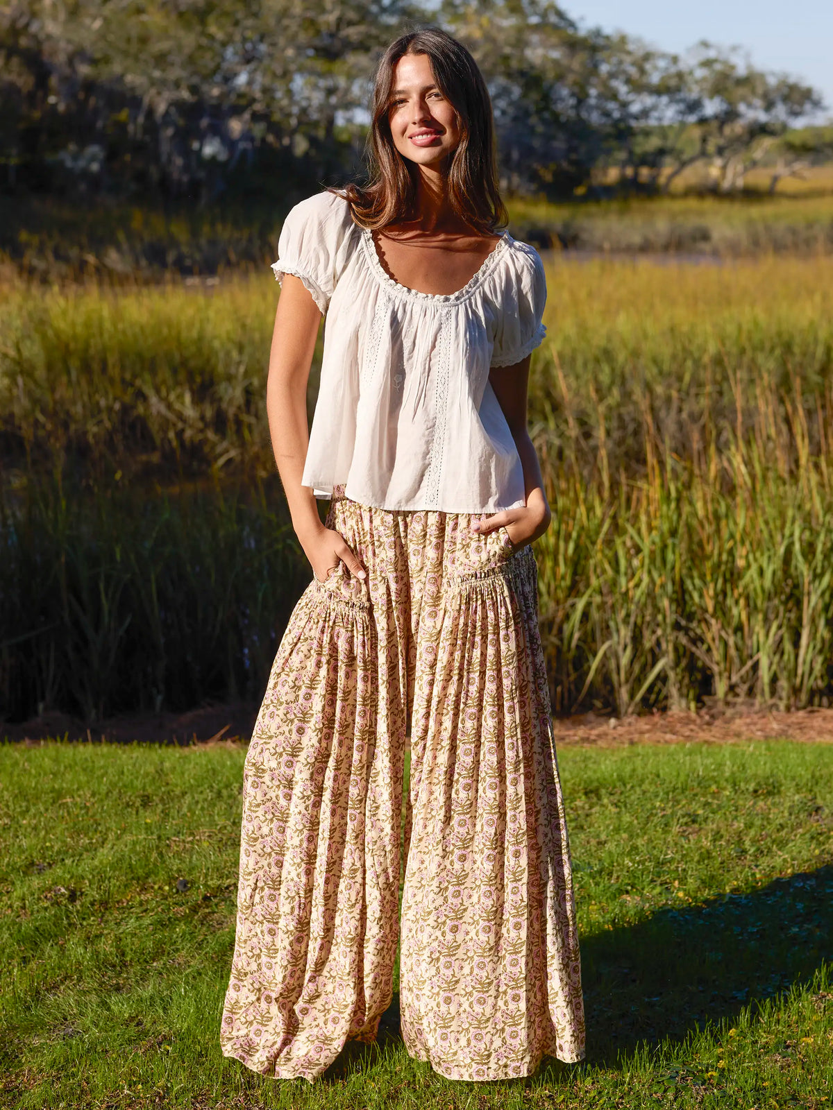Margaux Wide Leg Pant - Cream Vine Floral