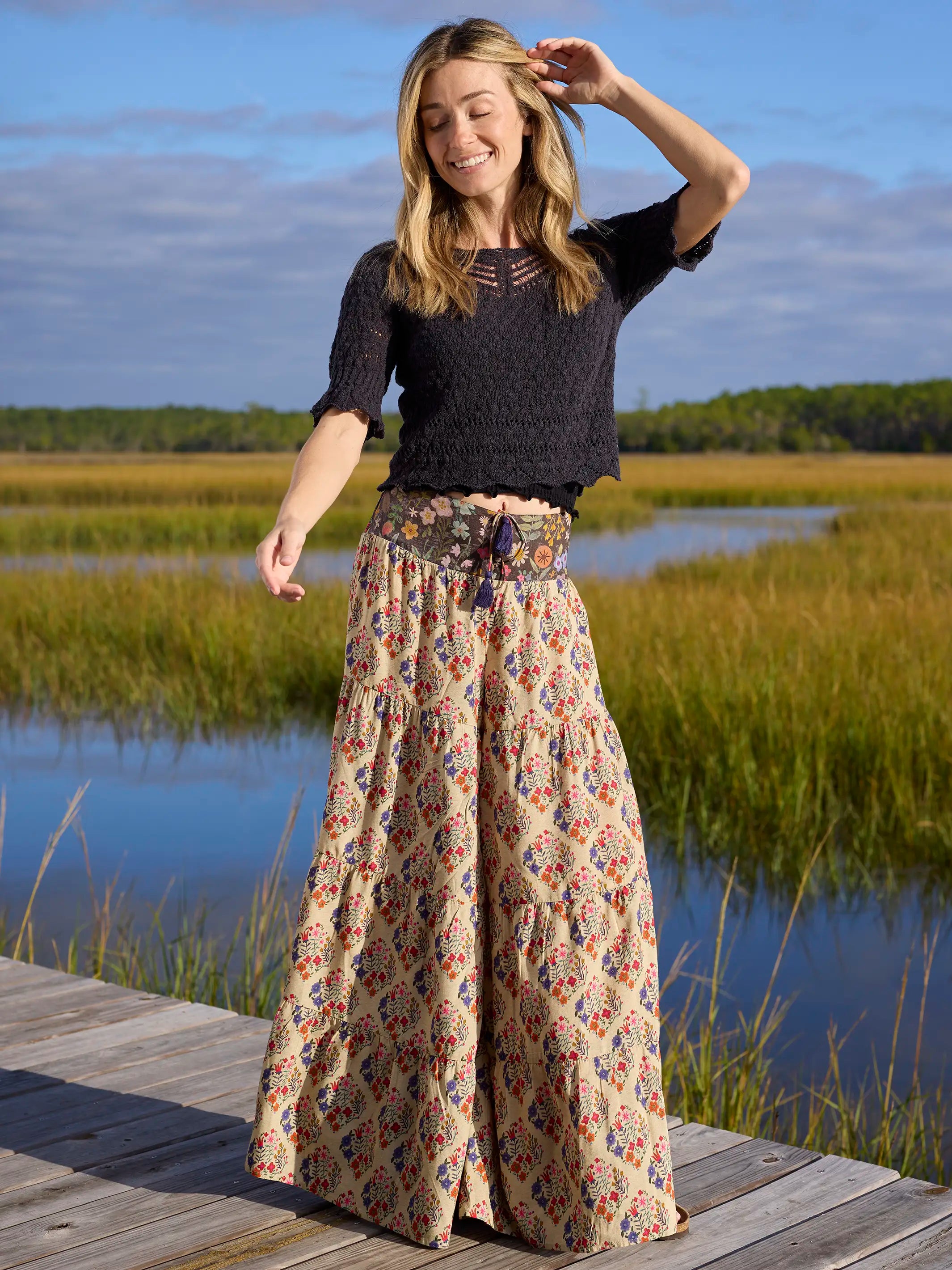 Cami Tie-Front Palazzo Pant - Ditsy Diamonds Cream