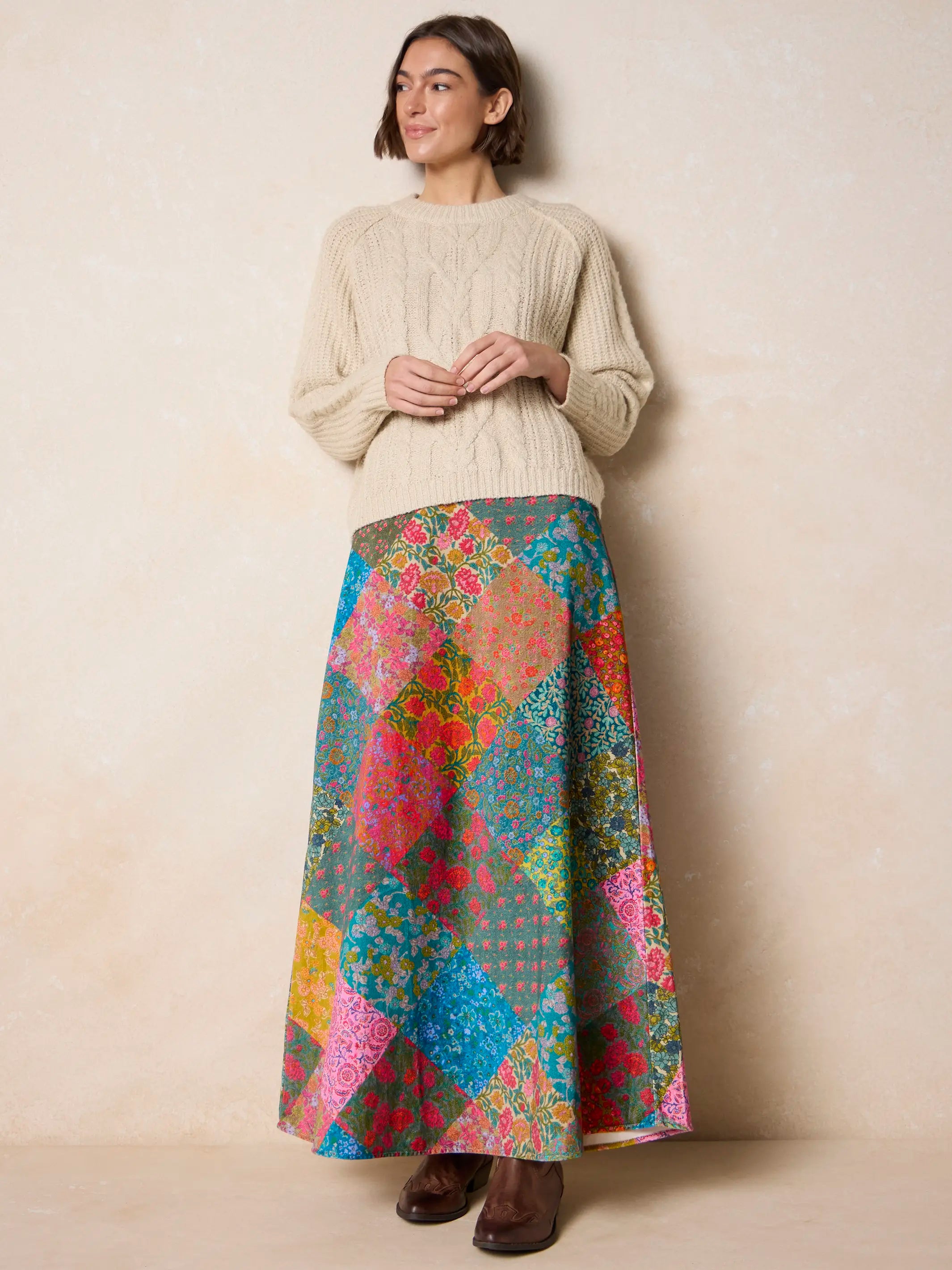 Amour Velvet Maxi Skirt - Bright Patchwork Zinnias