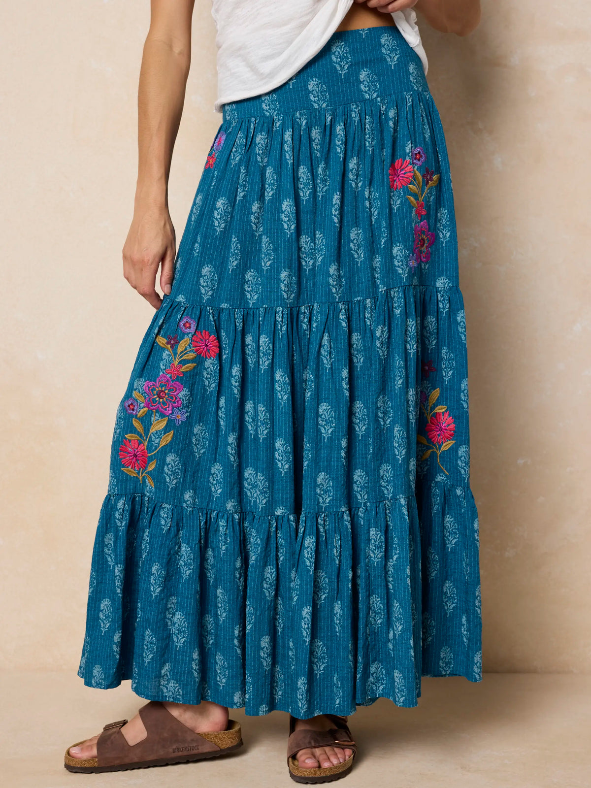 Hanna Embroidered Convertible Maxi Skirt - Block Stamp Indigo