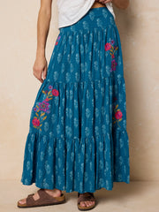 Hanna Embroidered Convertible Maxi Skirt - Block Stamp Indigo