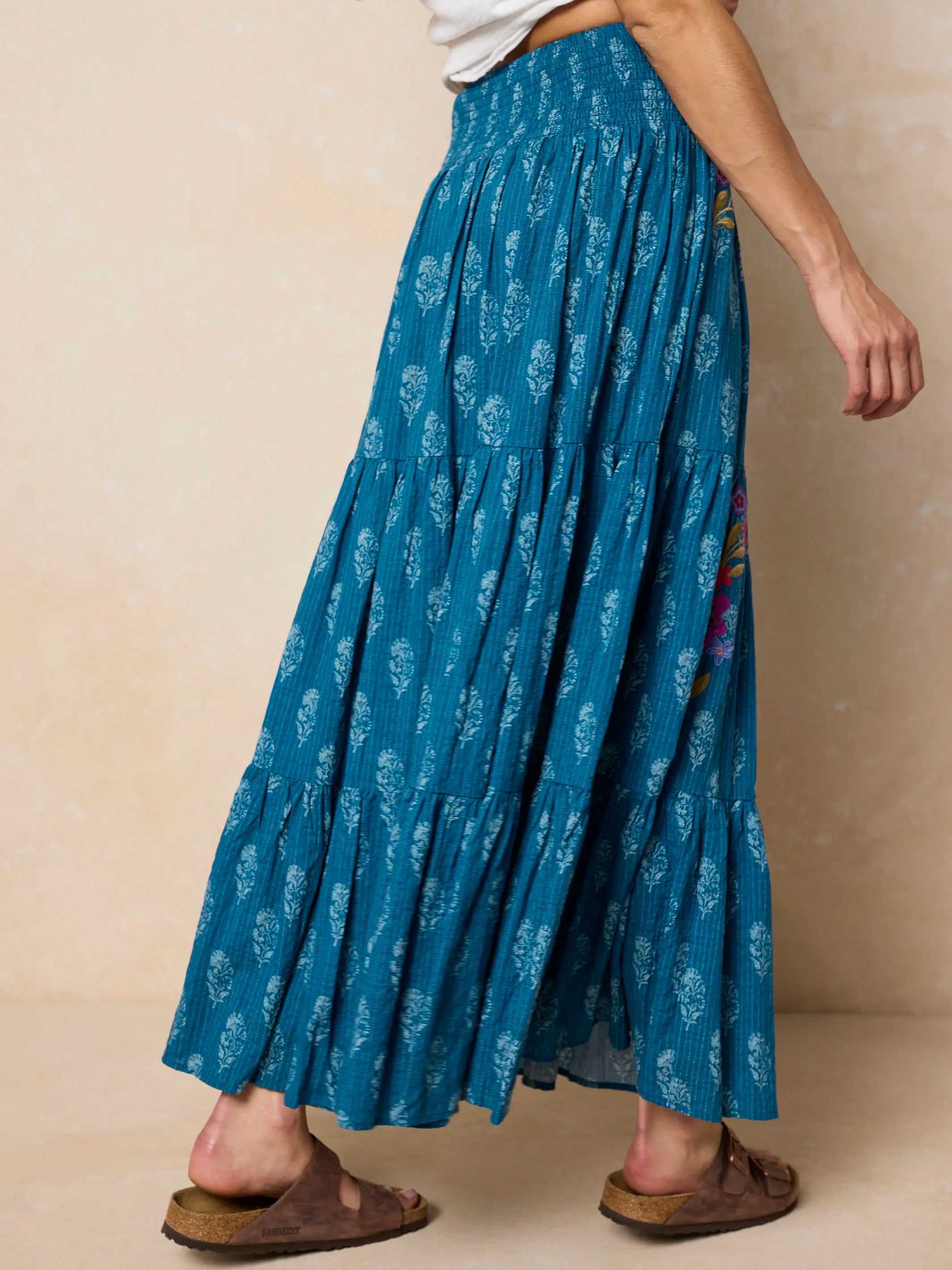 Hanna Embroidered Convertible Maxi Skirt - Block Stamp Indigo