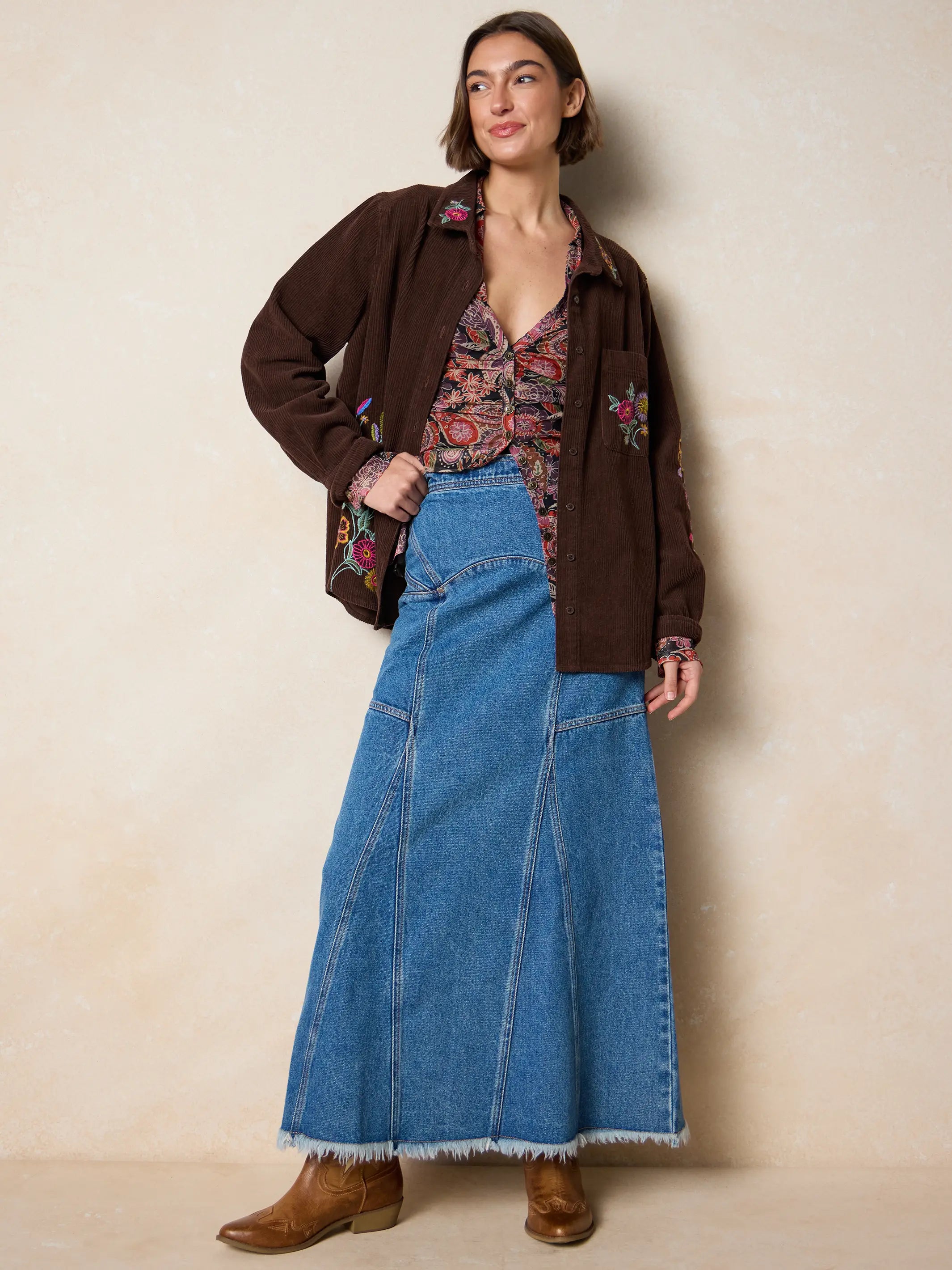 Cutest Embroidered Corduroy Shirt - Brown Floral