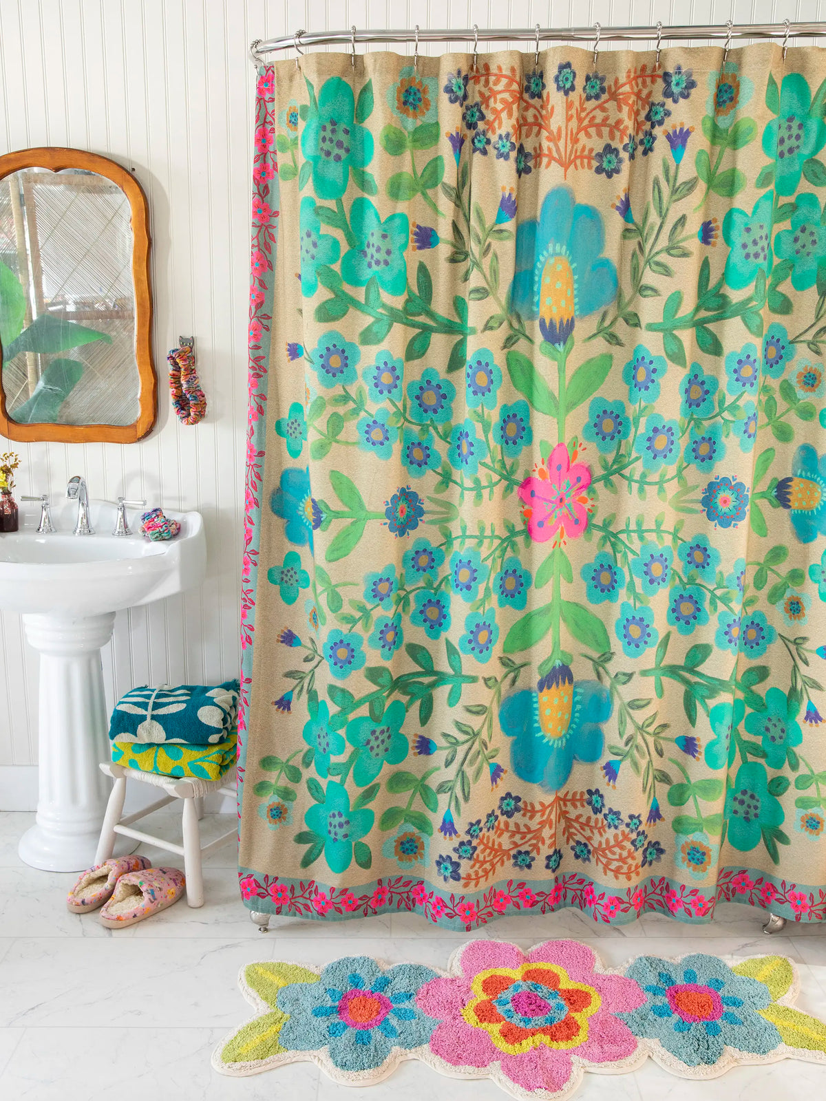 Boho Shower Curtain - Tan Folk Flower
