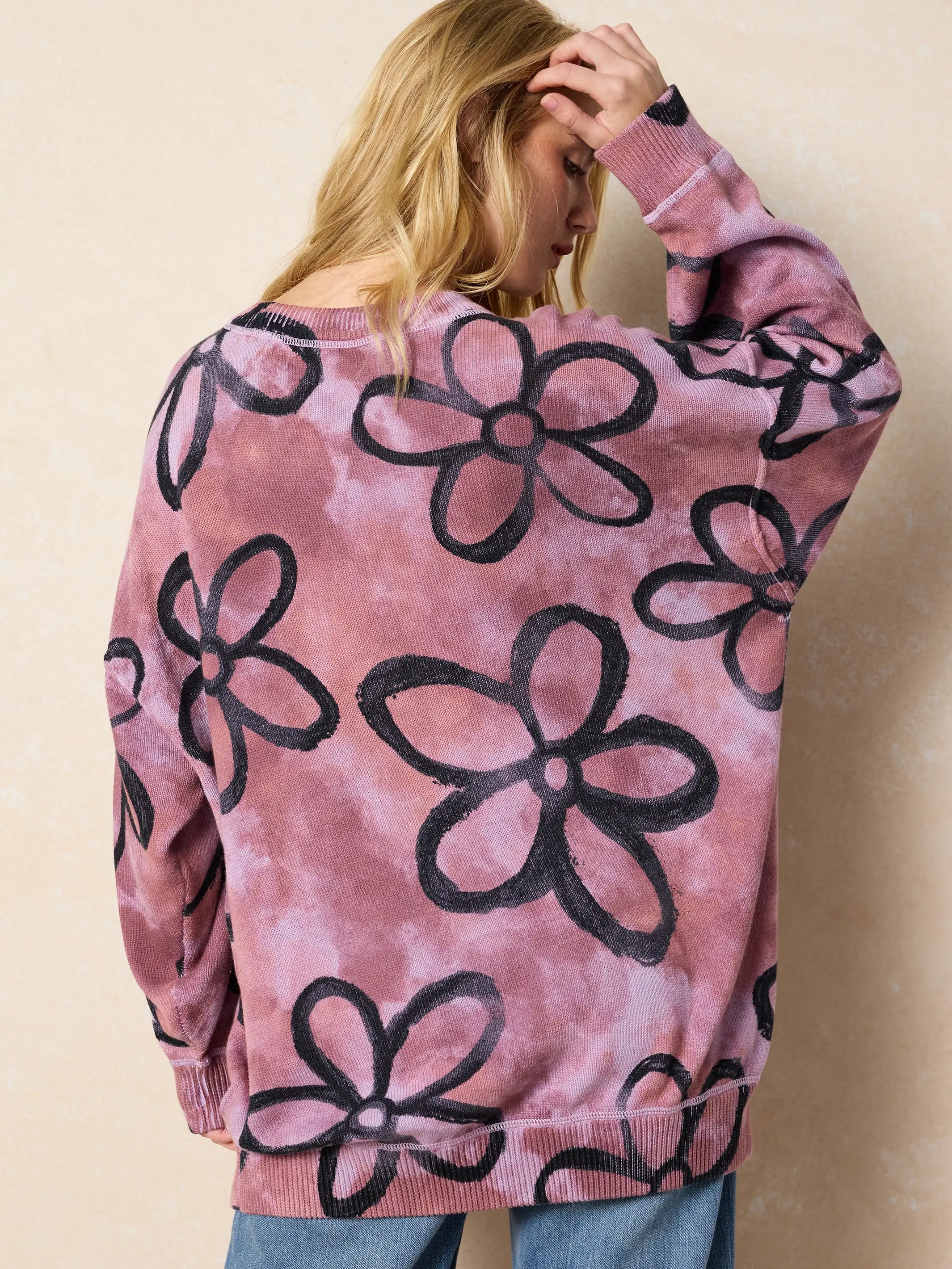 Taylor Oversized Cotton Sweater - Plum Flower Tie-Dye