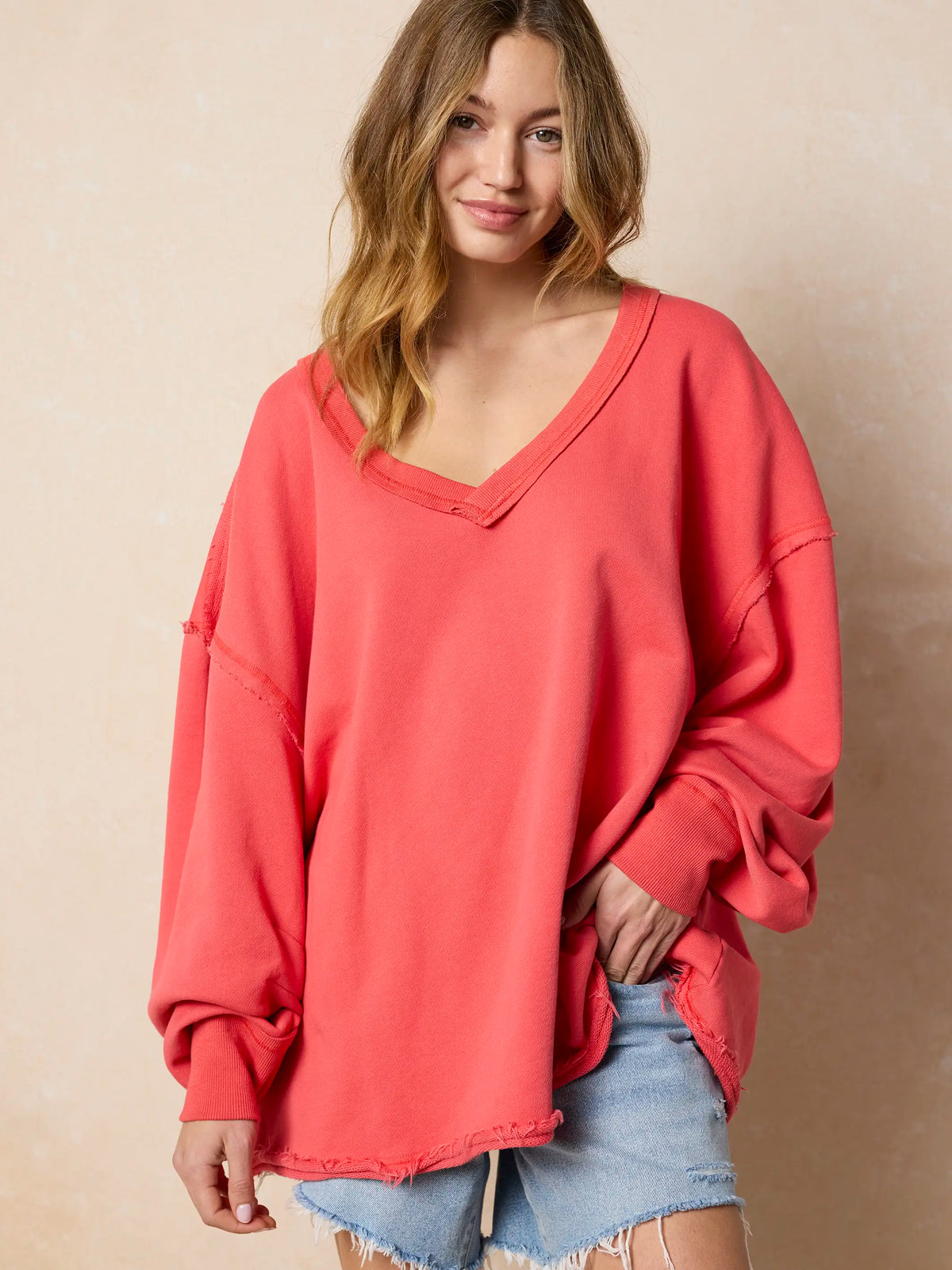 Kick Back Cotton V-Neck Pullover Sweatshirt - Coral