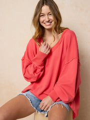 Kick Back Cotton V-Neck Pullover Sweatshirt - Coral