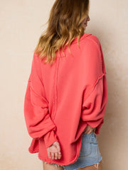 Kick Back Cotton V-Neck Pullover Sweatshirt - Coral
