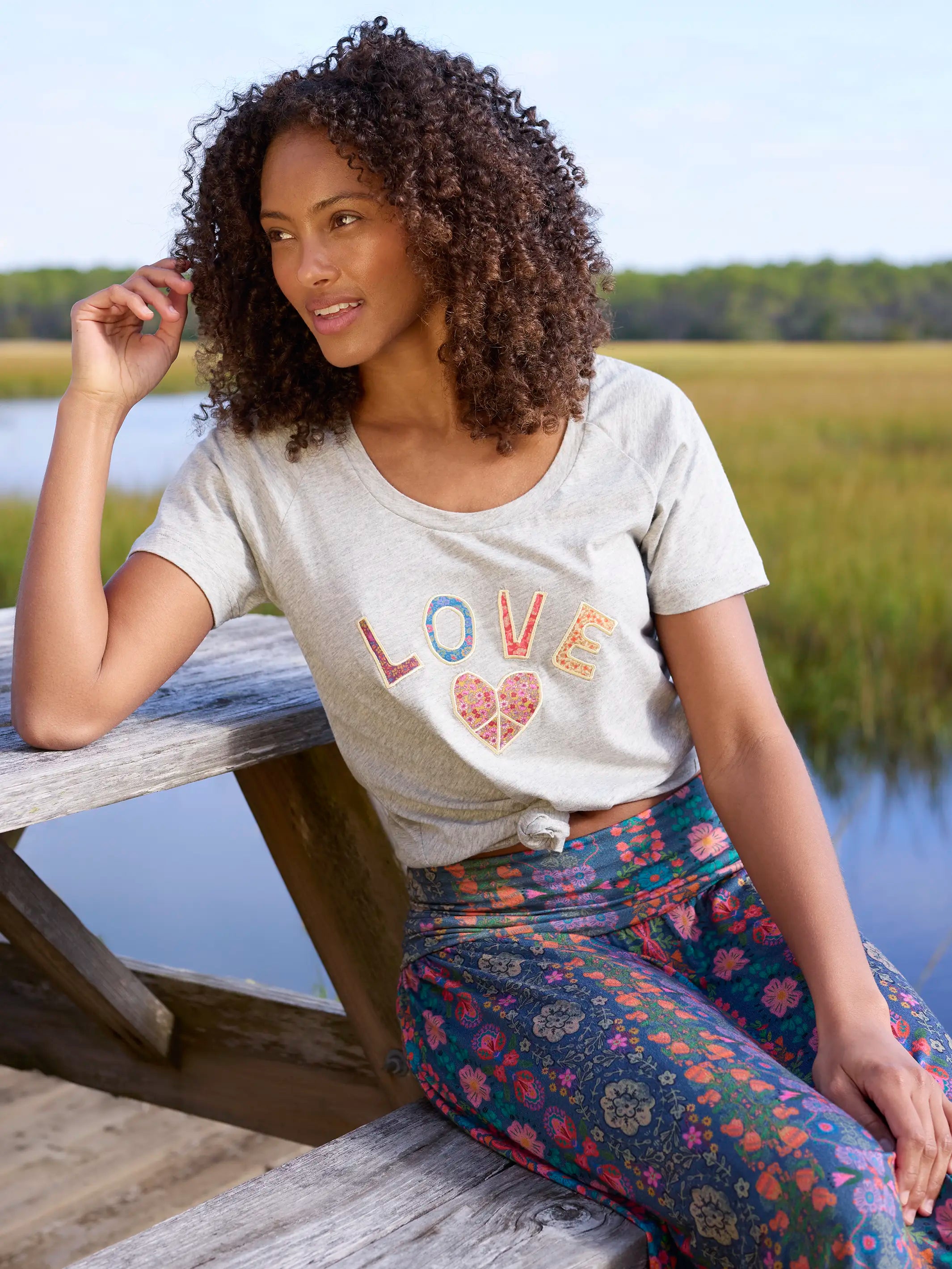 Boho Cotton Applique Tee - Heather Grey Love
