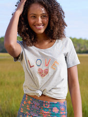 Boho Cotton Applique Tee - Heather Grey Love