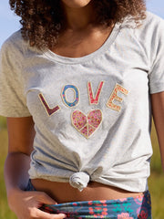 Boho Cotton Applique Tee - Heather Grey Love