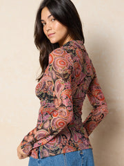 Carina Mesh Top - Black Sketched Paisley
