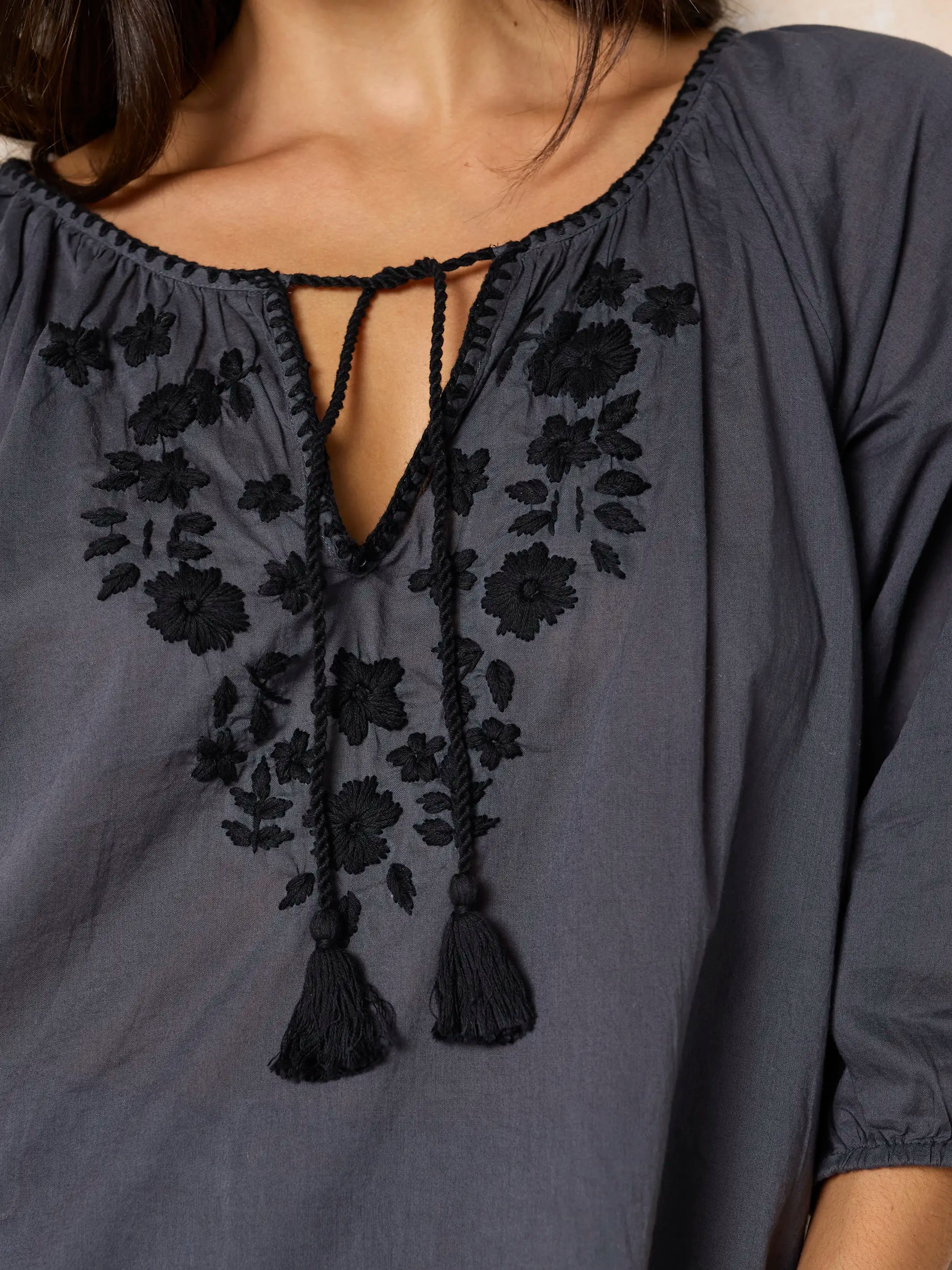 Christy Embroidered Cotton Blouse - Charcoal