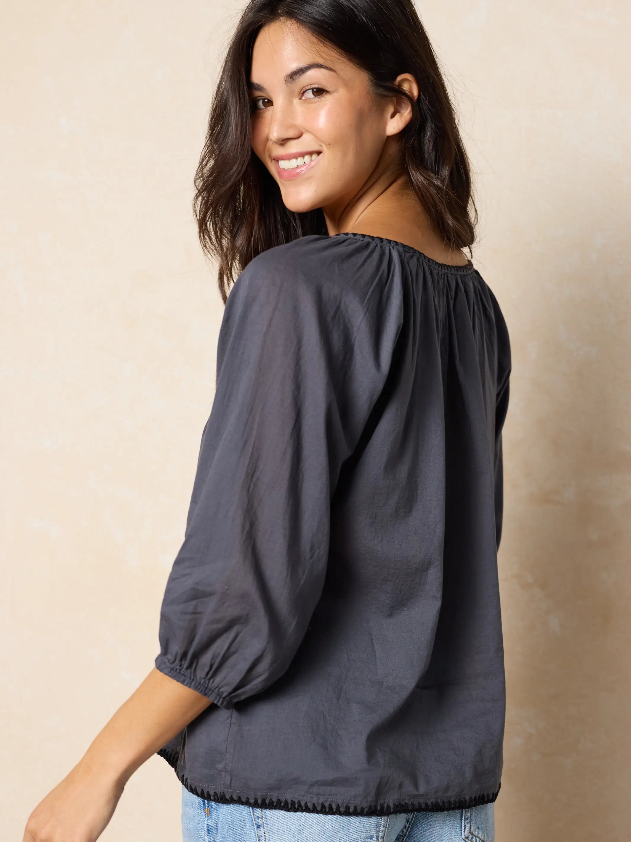 Christy Embroidered Cotton Blouse - Charcoal