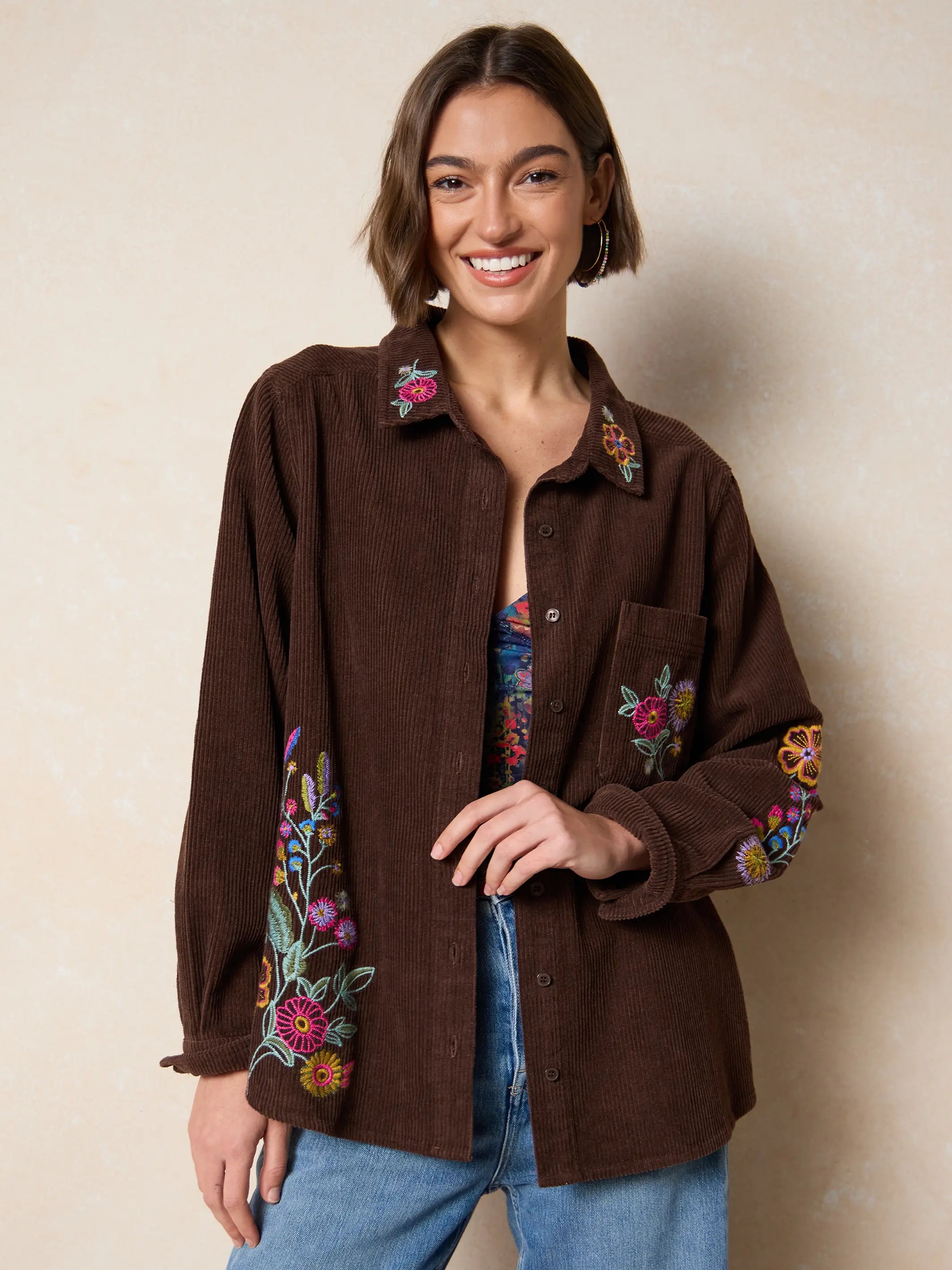 Cutest Embroidered Corduroy Shirt - Brown Floral