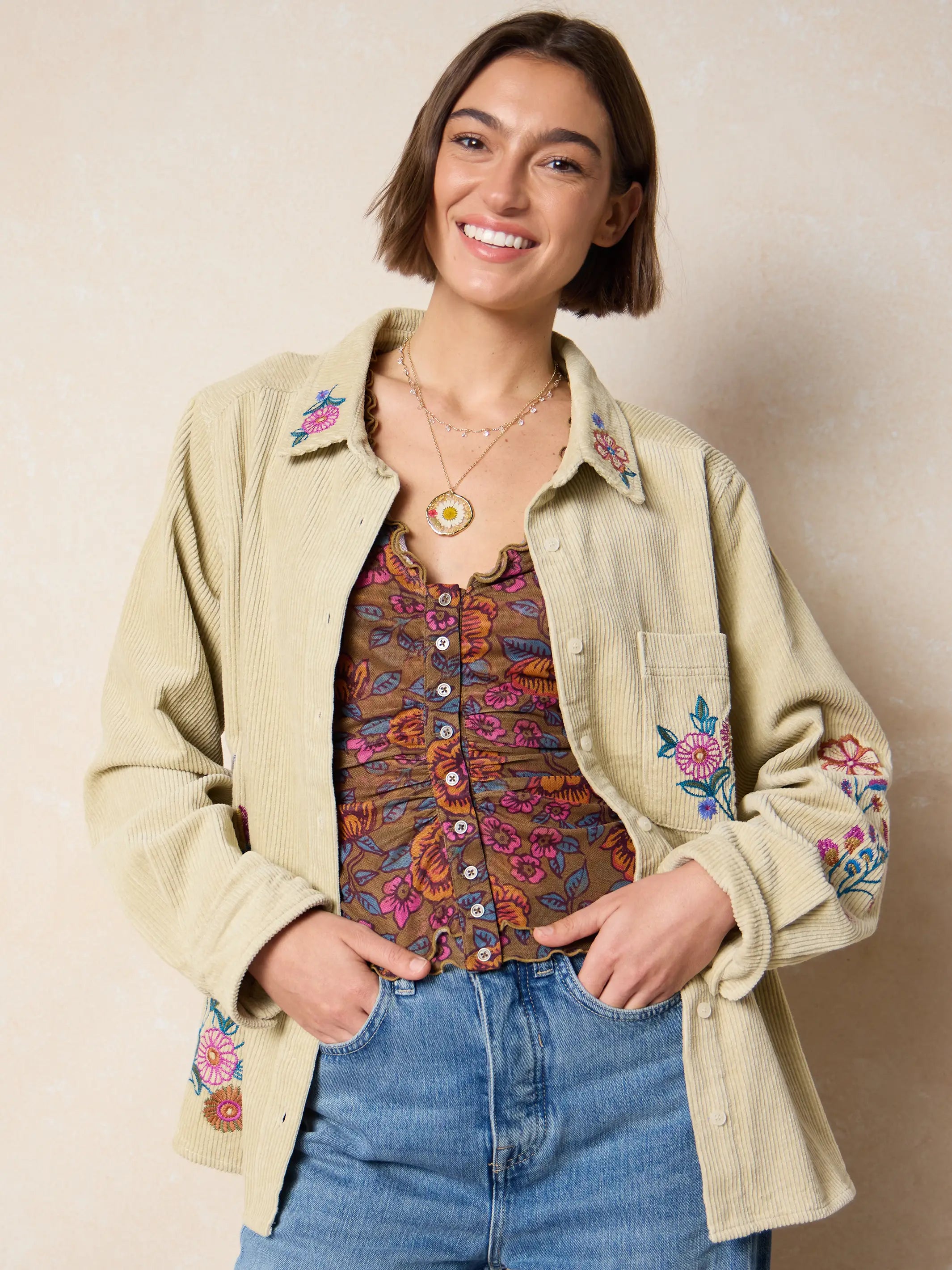 Cutest Embroidered Corduroy Shirt - Cream Floral