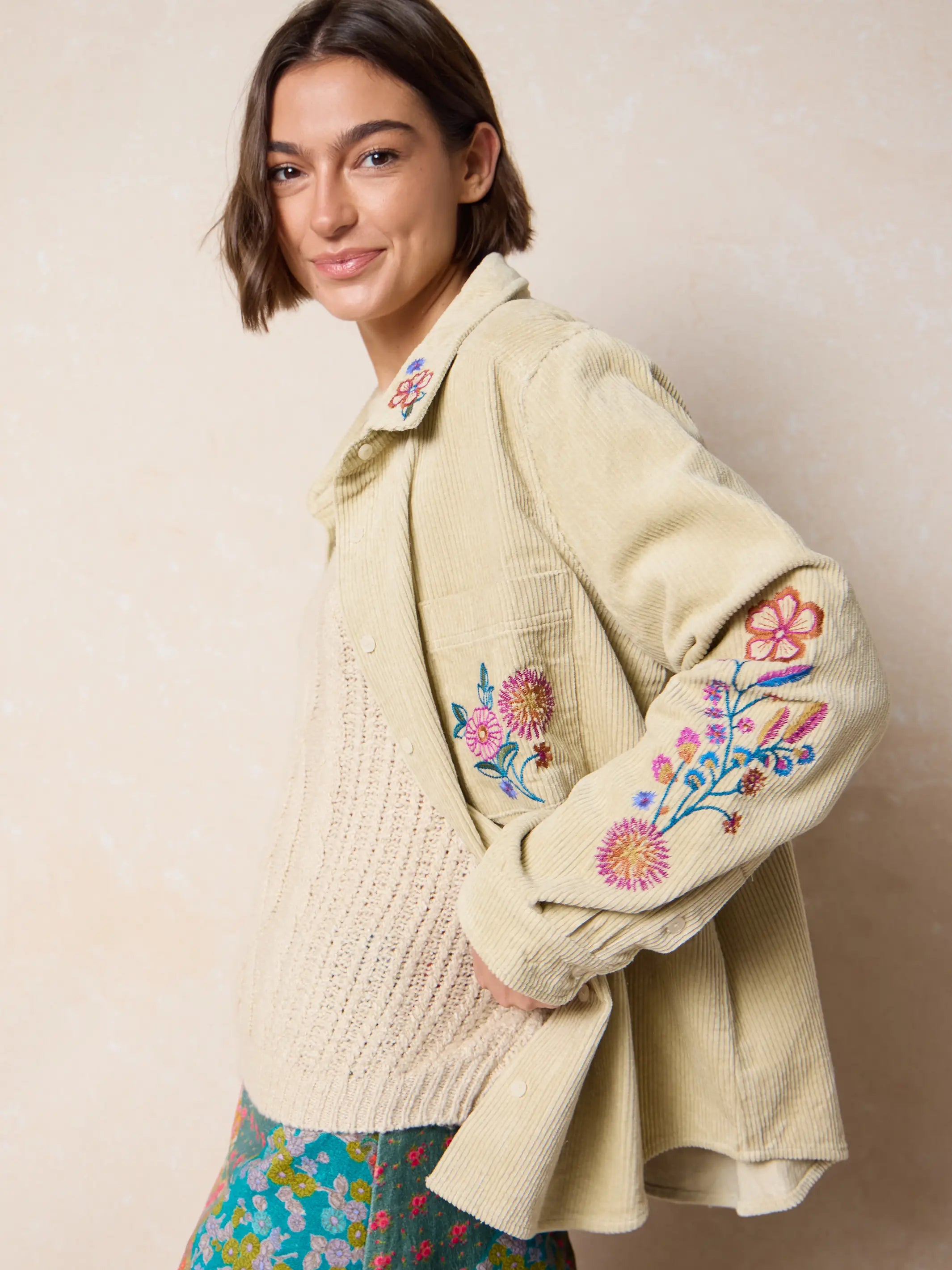 Cutest Embroidered Corduroy Shirt - Cream Floral