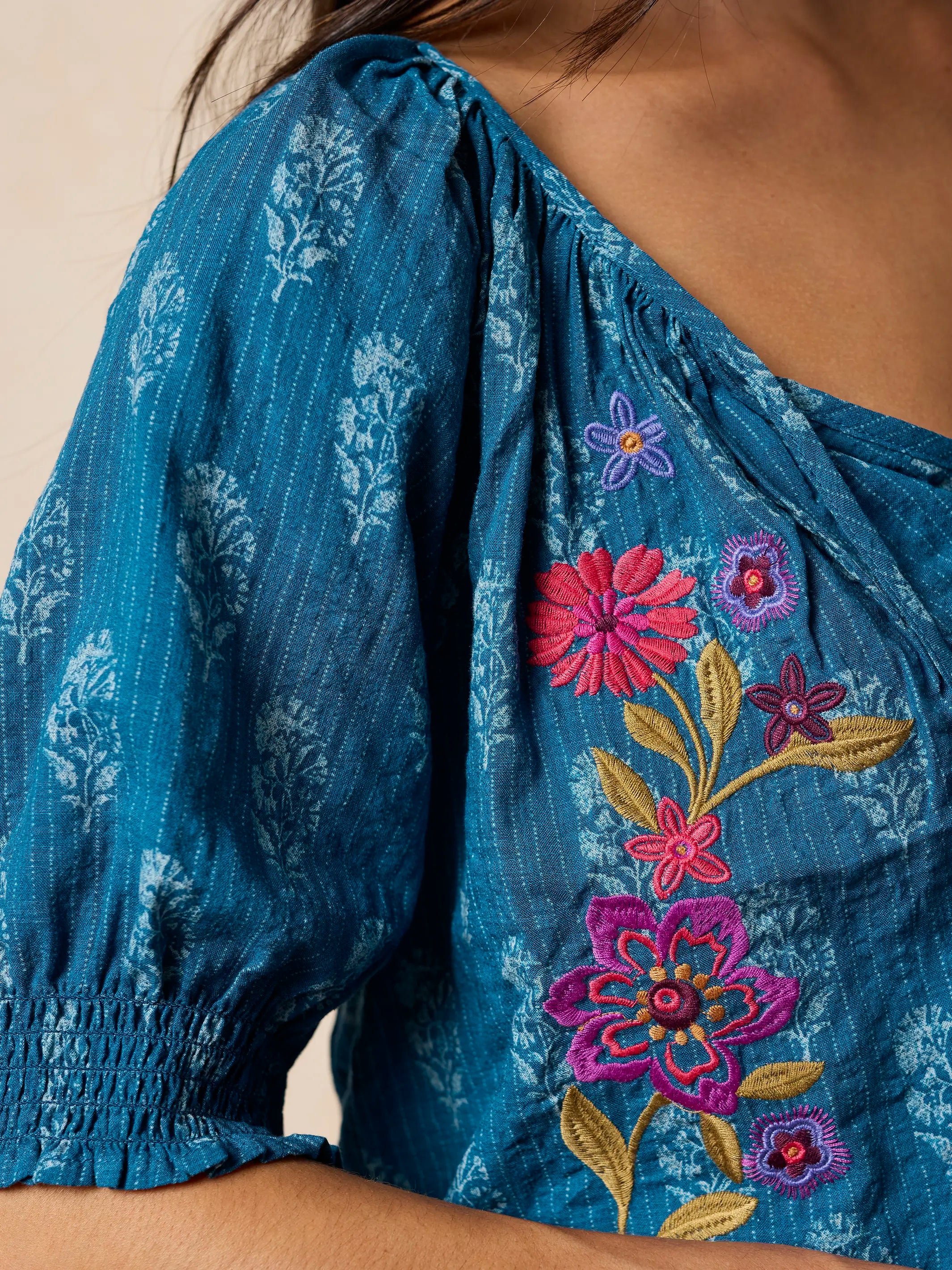 April Embroidered Top - Block Stamp Indigo