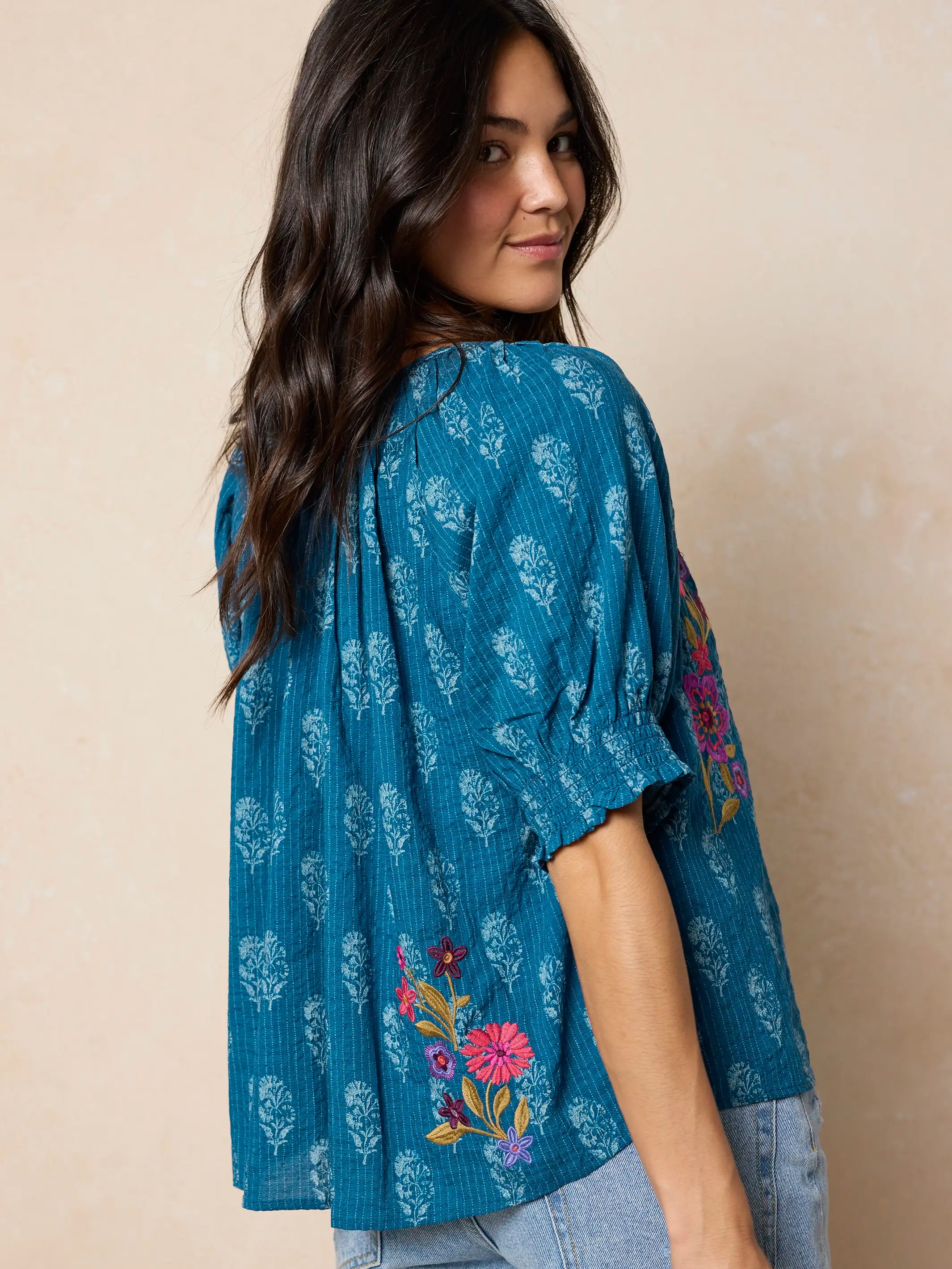 April Embroidered Top - Block Stamp Indigo