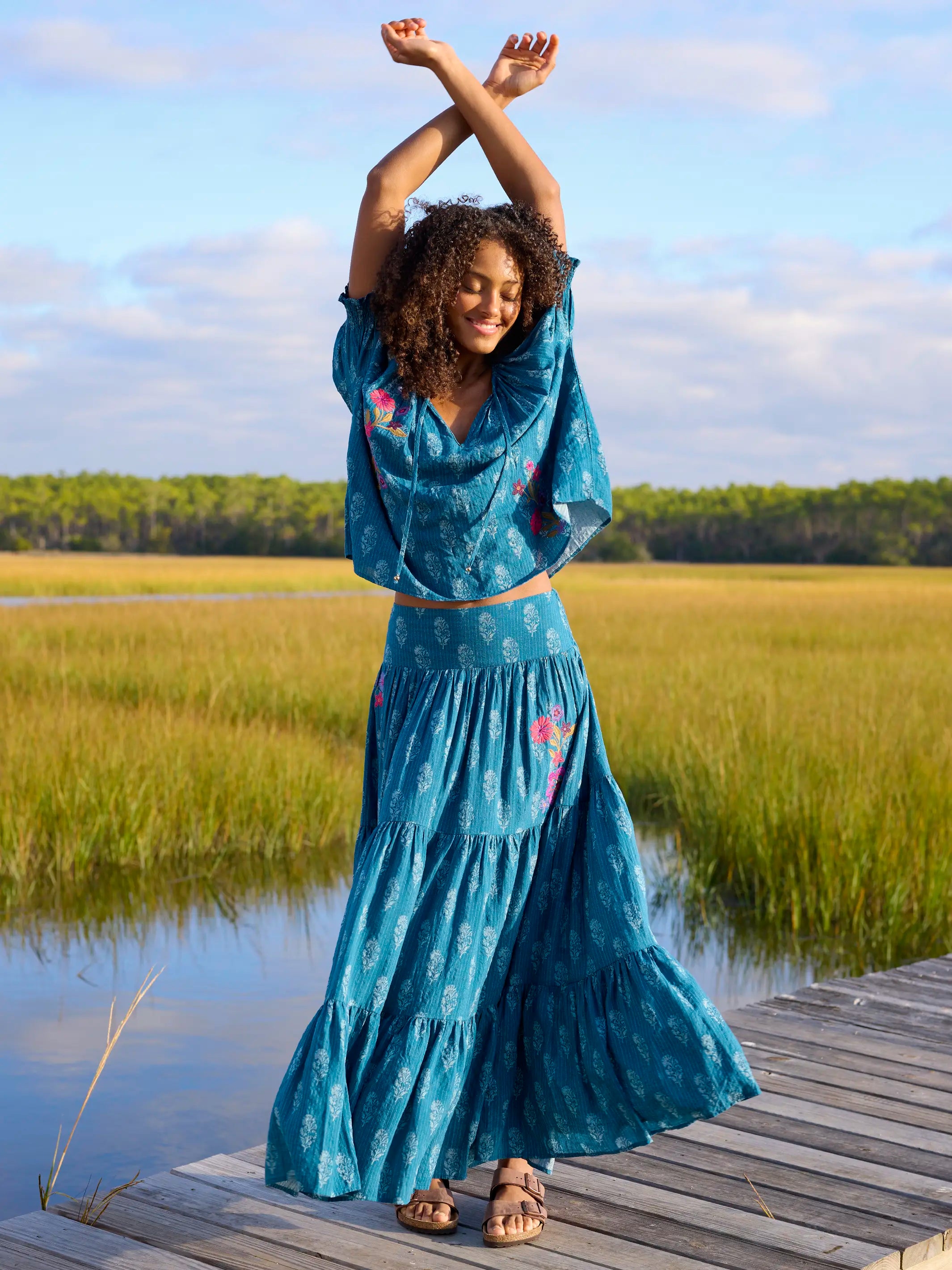 Hanna Embroidered Convertible Maxi Skirt - Block Stamp Indigo